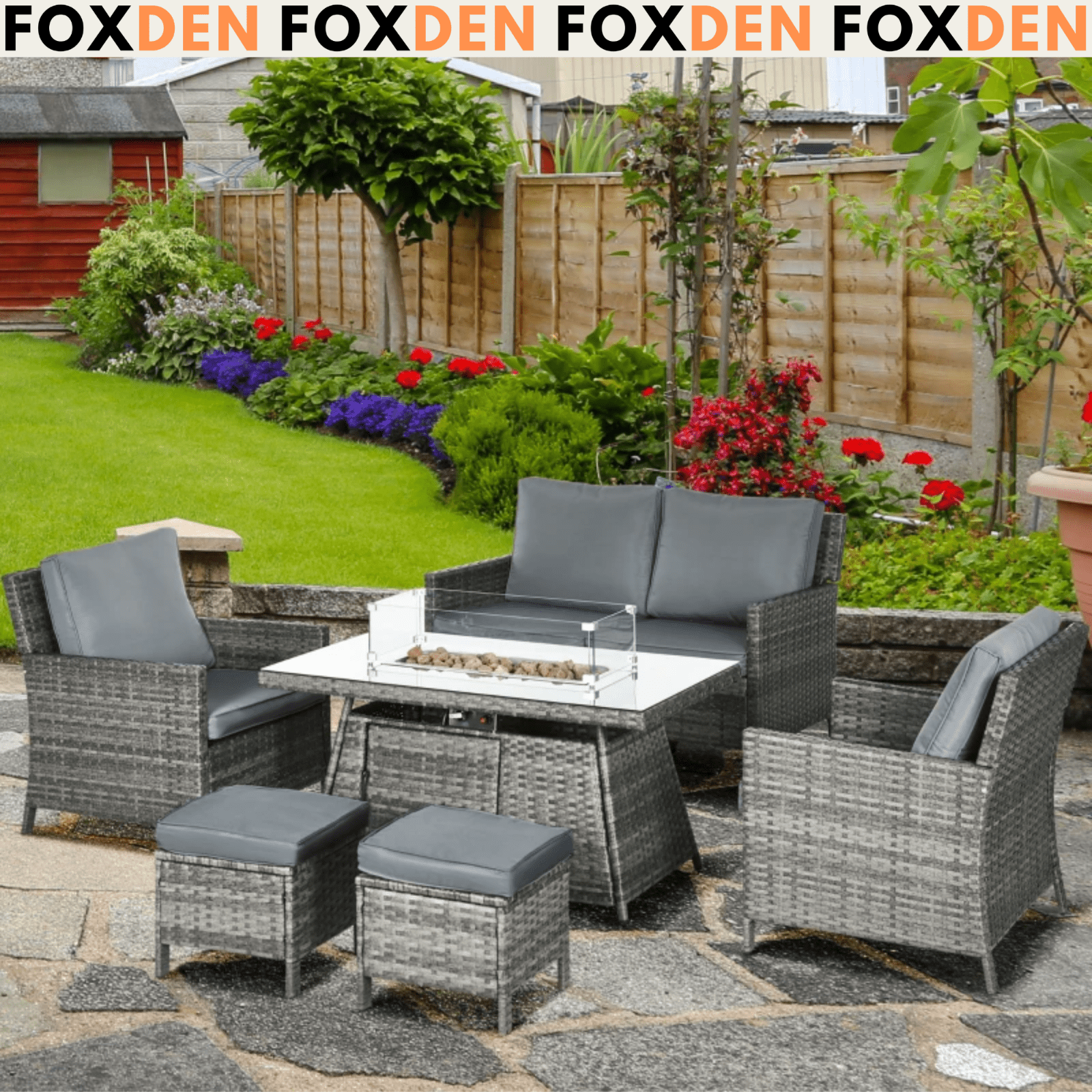 Large Patio Rattan Sofa Garden Furniture Set Armchairs Footstools Fire Pit Table - Home and Garden Furniture Shop - #rustic - furniture#