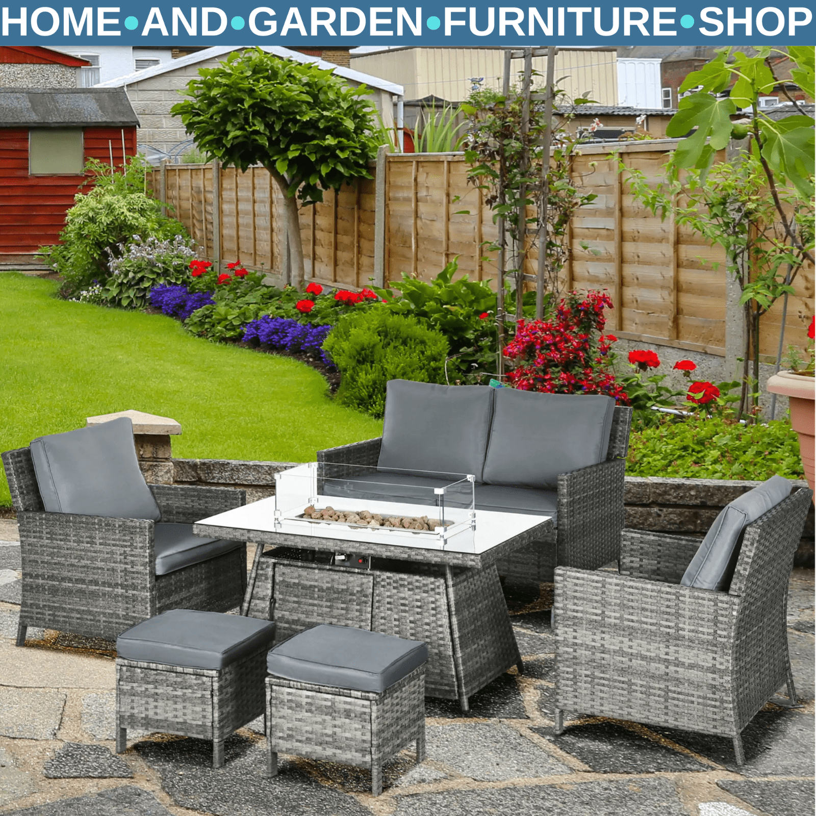 Large Patio Rattan Sofa Garden Furniture Set Armchairs Footstools Fire Pit Table - Home and Garden Furniture Shop - rustic - furniture