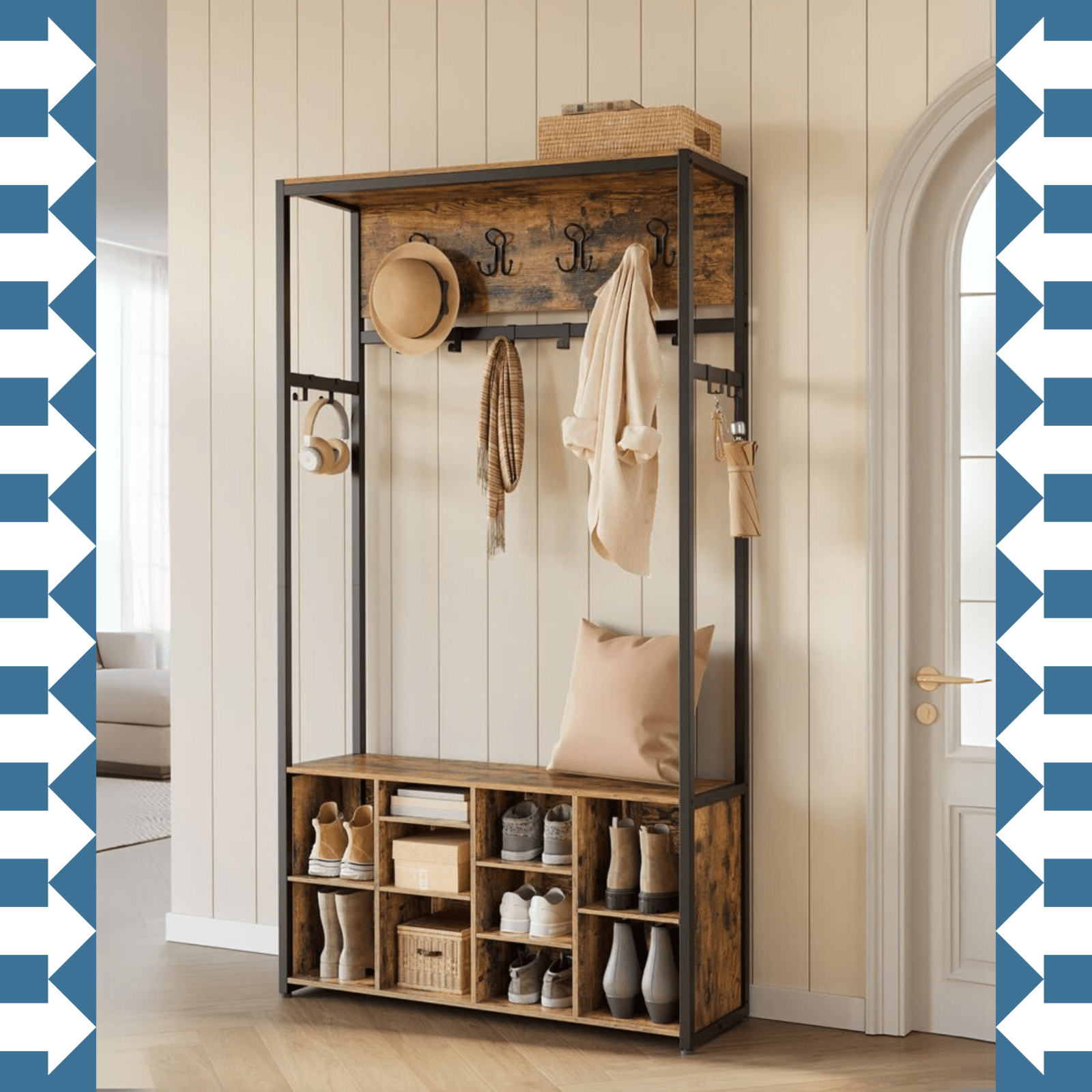 Large Rustic Coat Rack With Seat Entryway Hall Tree Shoe Rack Shoe Bench Shelves - Home and Garden Furniture Shop - #rustic - furniture#