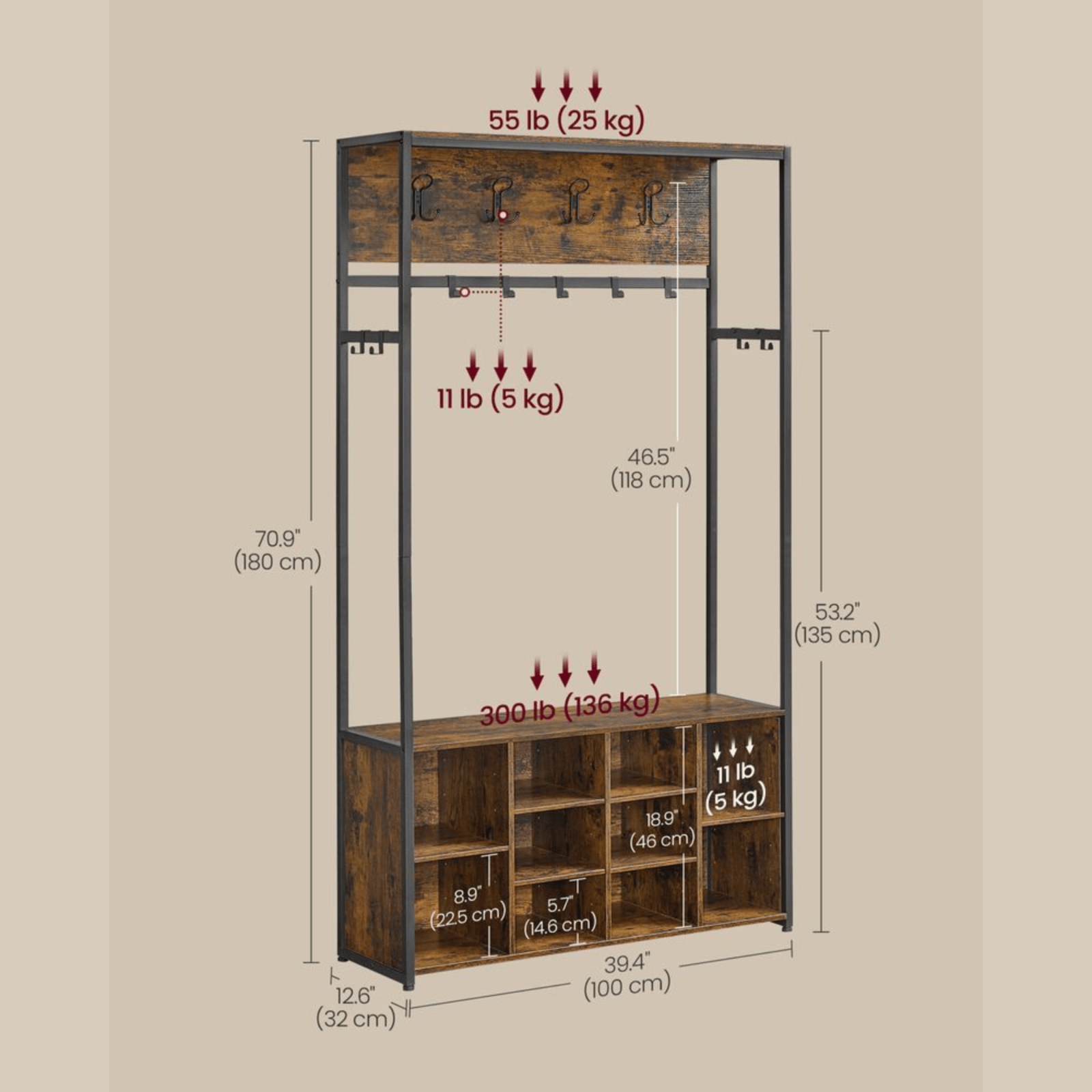 Large Rustic Coat Rack With Seat Entryway Hall Tree Shoe Rack Shoe Bench Shelves - Home and Garden Furniture Shop - #rustic - furniture#