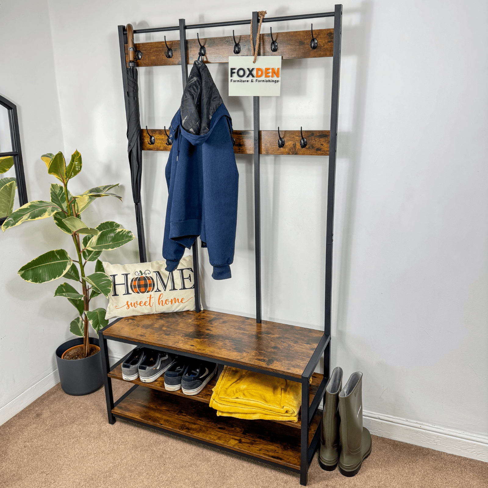 Large Rustic Coat Rack With Seat Shoe Rack Hall Tree Entryway Shoe Bench Shelves - Home and Garden Furniture Shop - rustic - furniture