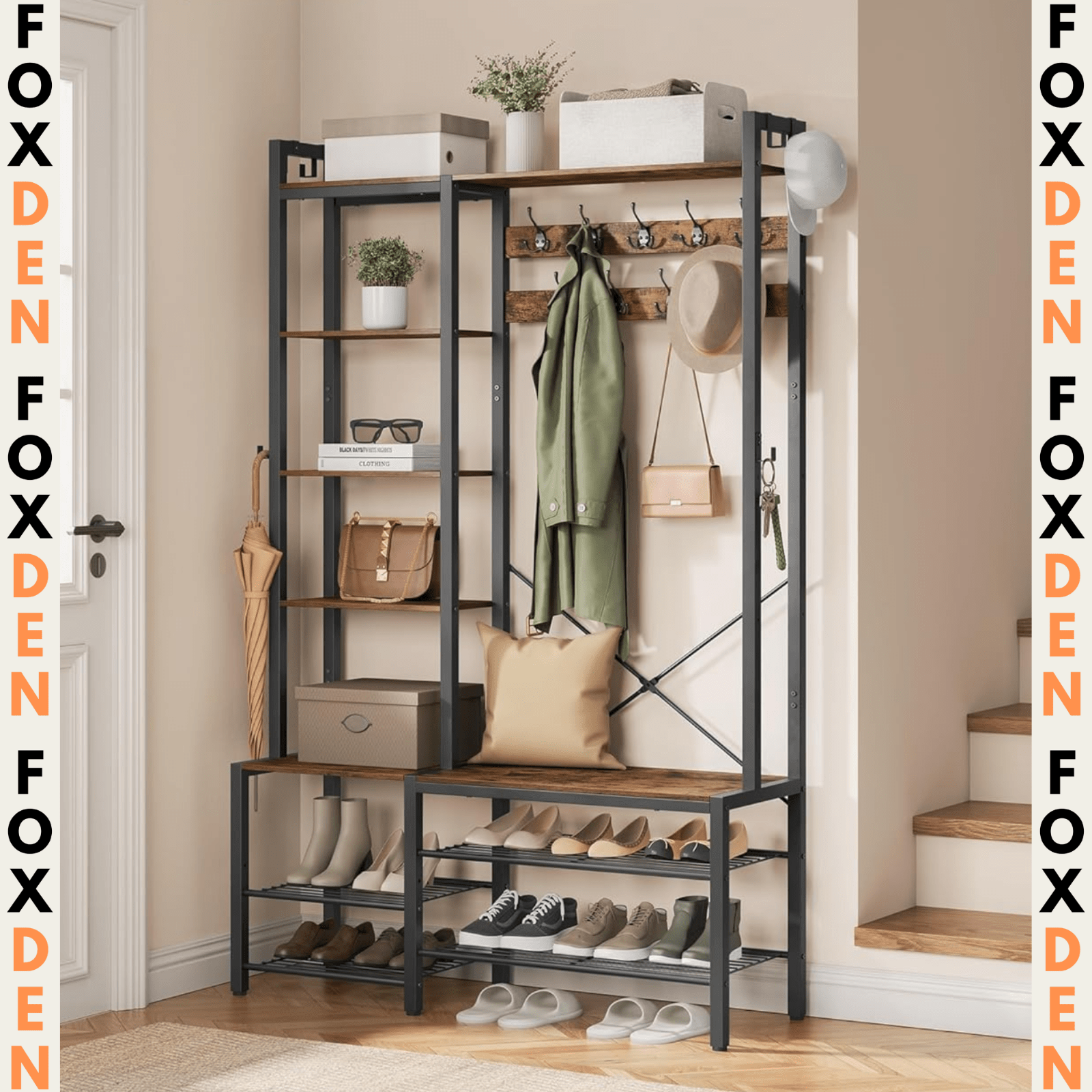 Large Rustic Hall Tree Coat Stand Shoe Rack Bench with Storage Shelves and Hooks - Home and Garden Furniture Shop - rustic - furniture