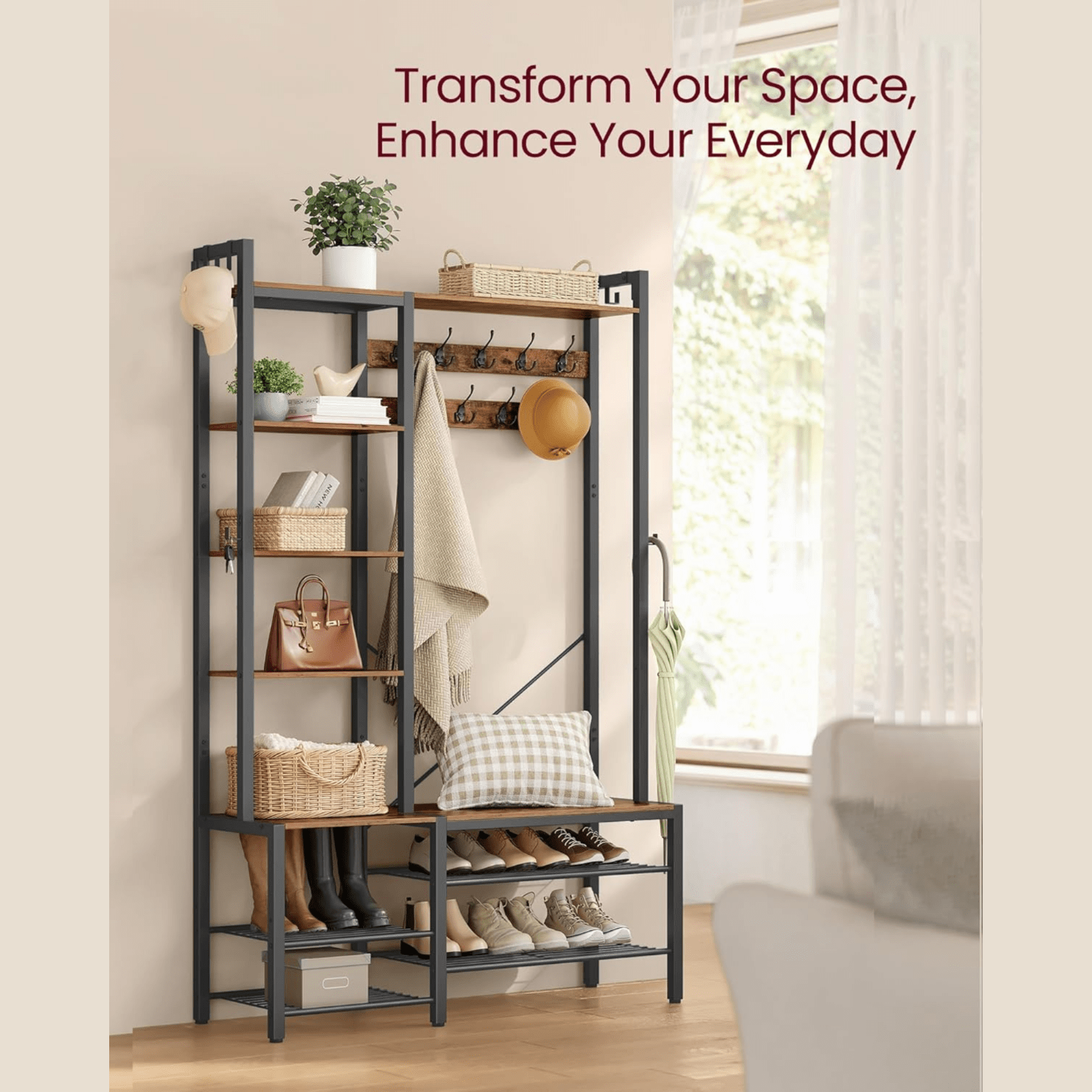 Large Rustic Hall Tree Coat Stand Shoe Rack Bench with Storage Shelves and Hooks - Home and Garden Furniture Shop - rustic - furniture