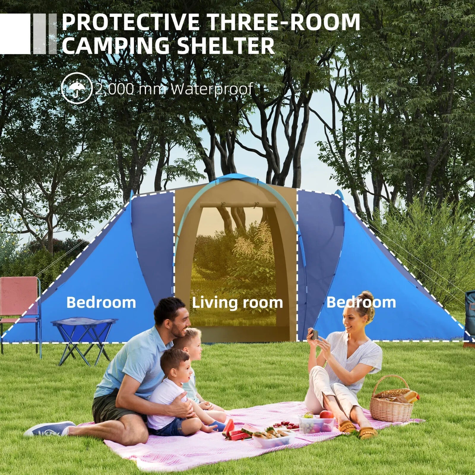 Large Tunnel Camping Tent with 2 Bedrooms Living Area 2000mm Waterproof 4–6 Man - Home and Garden Furniture Shop - rustic - furniture