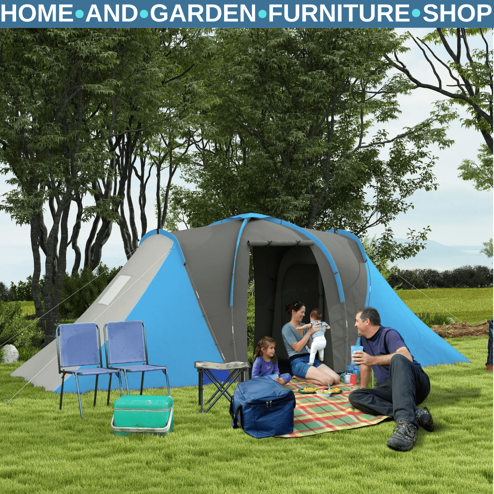 Large Tunnel Camping Tent with 2 Bedrooms Living Area 2000mm Waterproof 4–6 Man - Home and Garden Furniture Shop - rustic - furniture