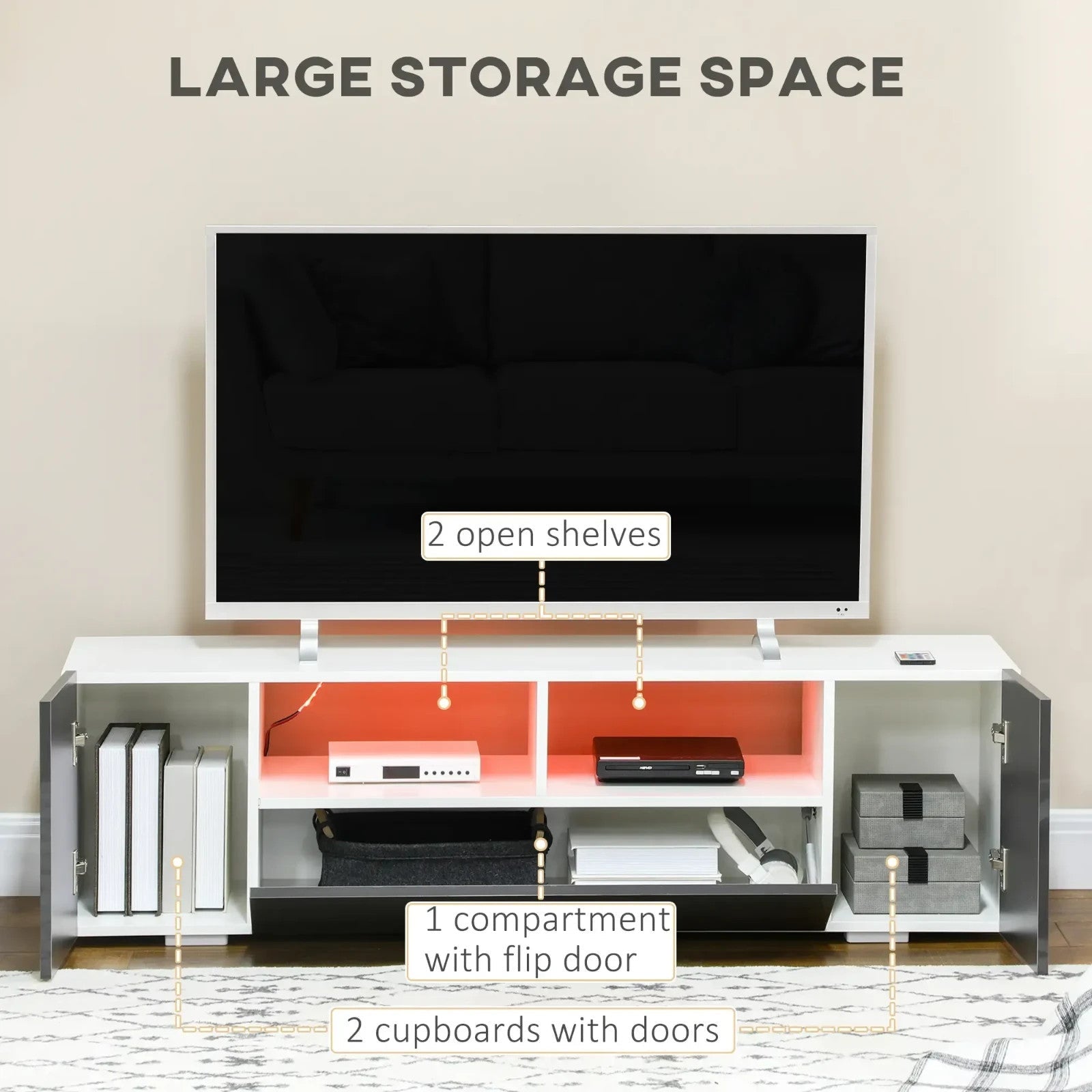 Large TV Stand Cabinet with Storage Lights High Gloss Grey TV Media Unit Shelves - Home and Garden Furniture Shop - rustic - furniture