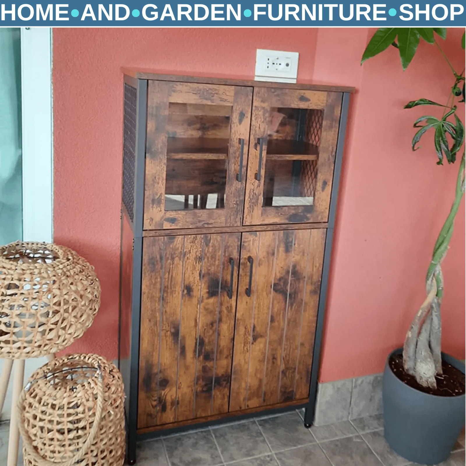 Large Vintage Storage Cabinet Glass Doors Tall Industrial China Cupboard Rustic - Home and Garden Furniture Shop - rustic - furniture