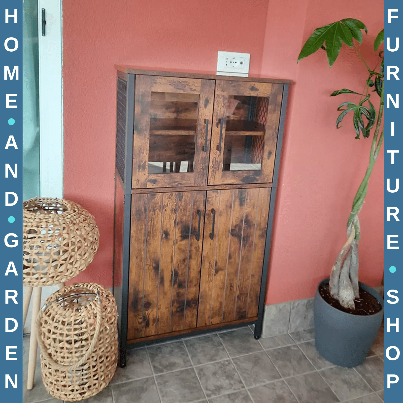 Large Vintage Storage Cabinet Glass Doors Tall Industrial China Cupboard Rustic - Home and Garden Furniture Shop - rustic - furniture