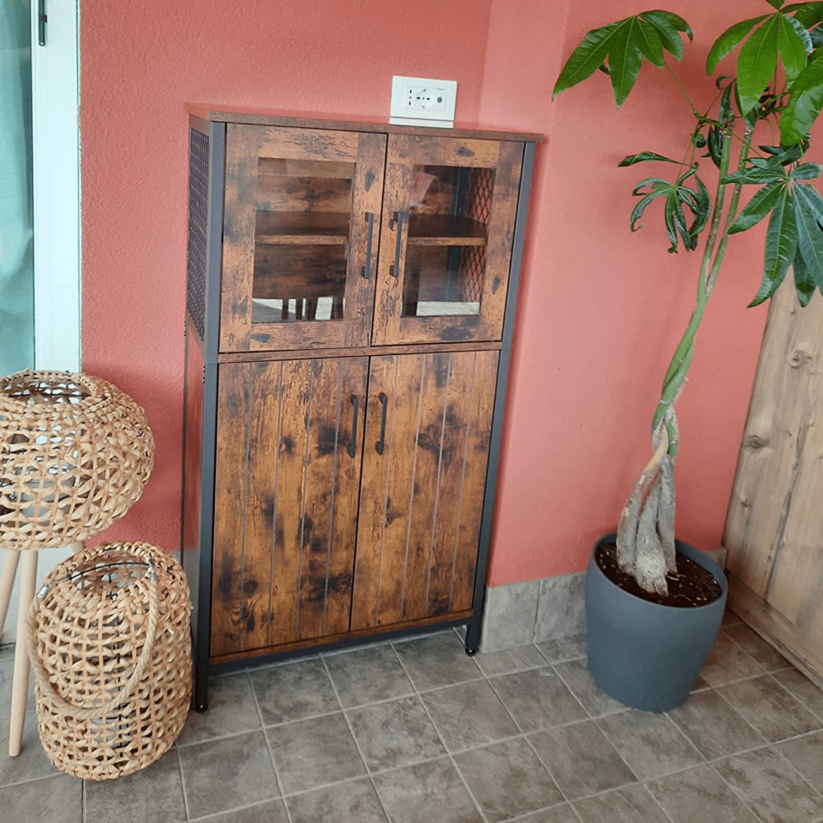 Large Vintage Storage Cabinet Glass Doors Tall Industrial China Cupboard Rustic - Home and Garden Furniture Shop - rustic - furniture
