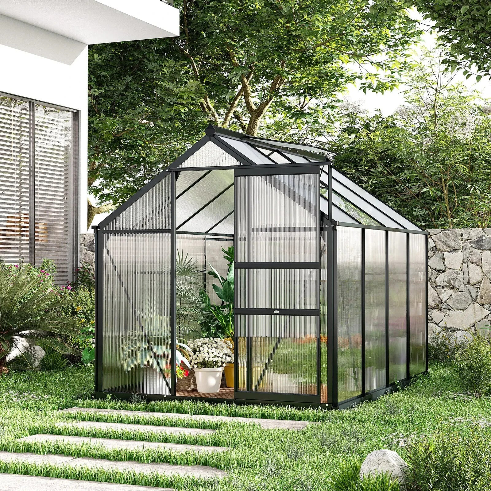 Large Walk In Greenhouse Polycarbonate Panels Aluminium Frame Galvanised Base - Home and Garden Furniture Shop - rustic - furniture