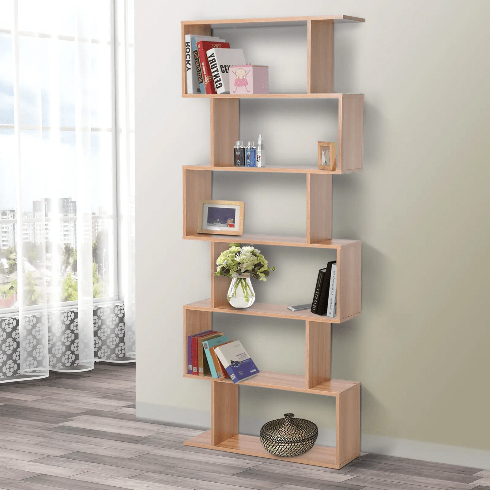 Large Wooden Bookcase 6 Tier S Shaped Bookshelf Storage Unit Tall Display Shelf - Home and Garden Furniture Shop - #rustic - furniture#