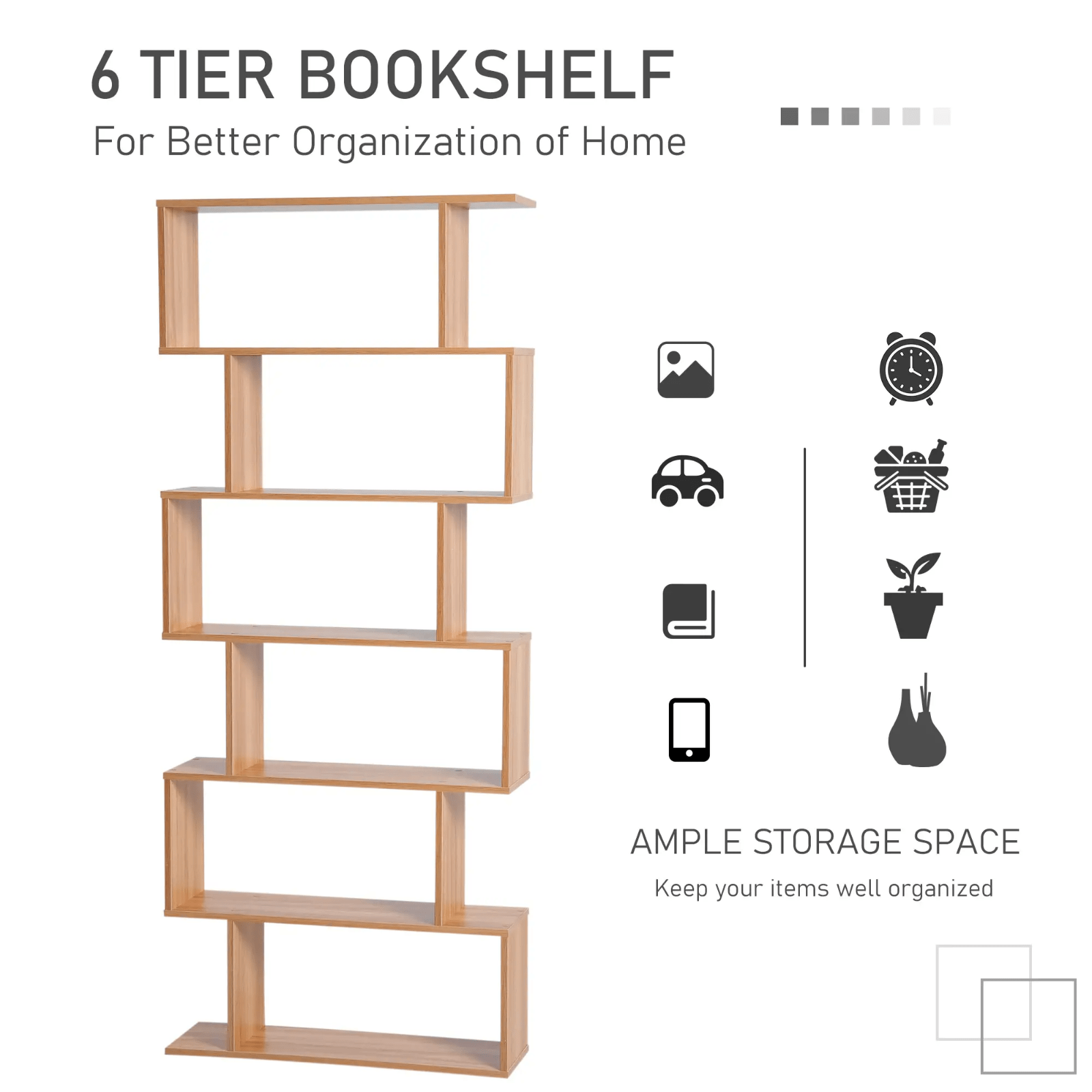 Large Wooden Bookcase 6 Tier S Shaped Bookshelf Storage Unit Tall Display Shelf - Home and Garden Furniture Shop - #rustic - furniture#