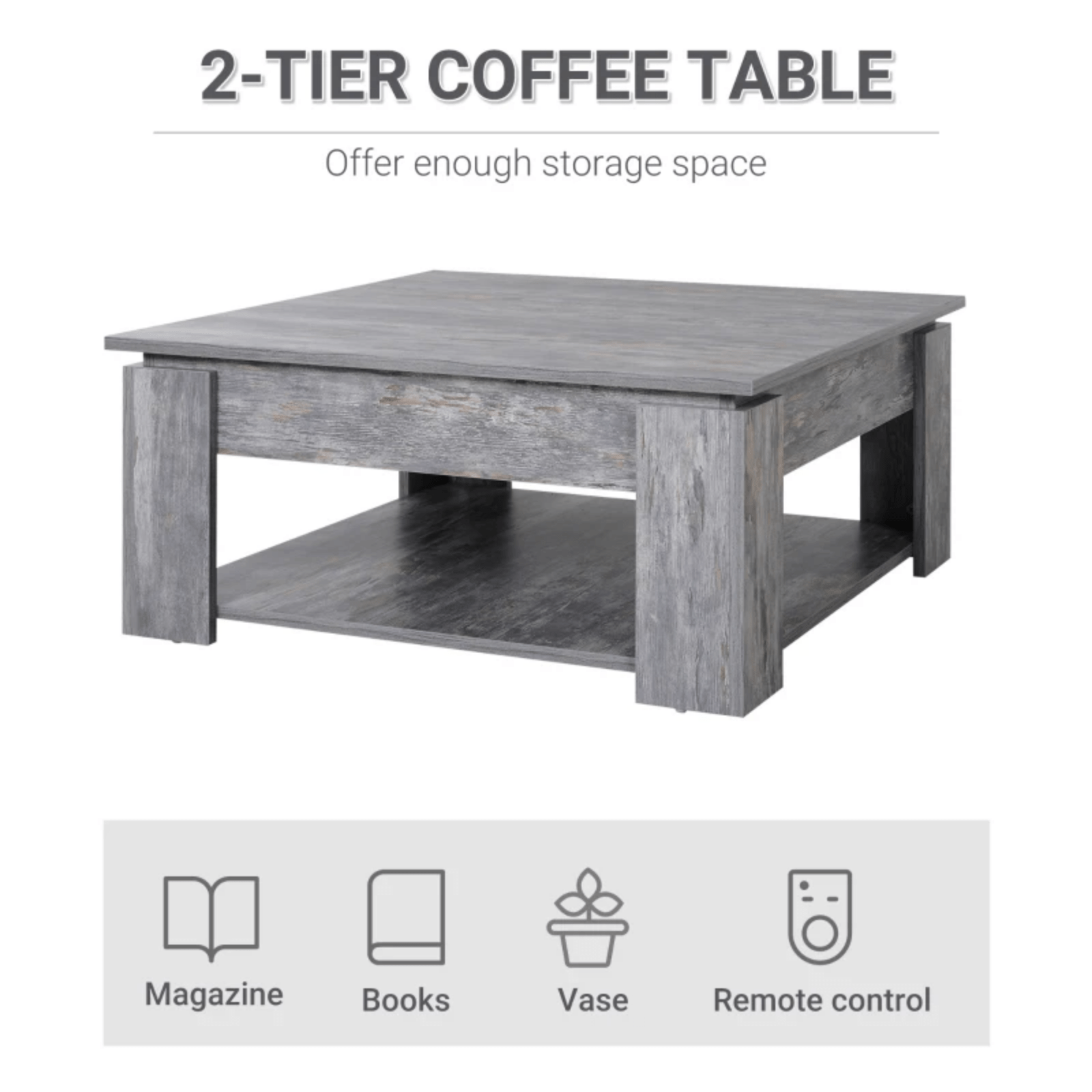 Large Wooden Square Coffee Table Shelf Grey Living Room Storage Console Table - Home and Garden Furniture Shop - #rustic - furniture#