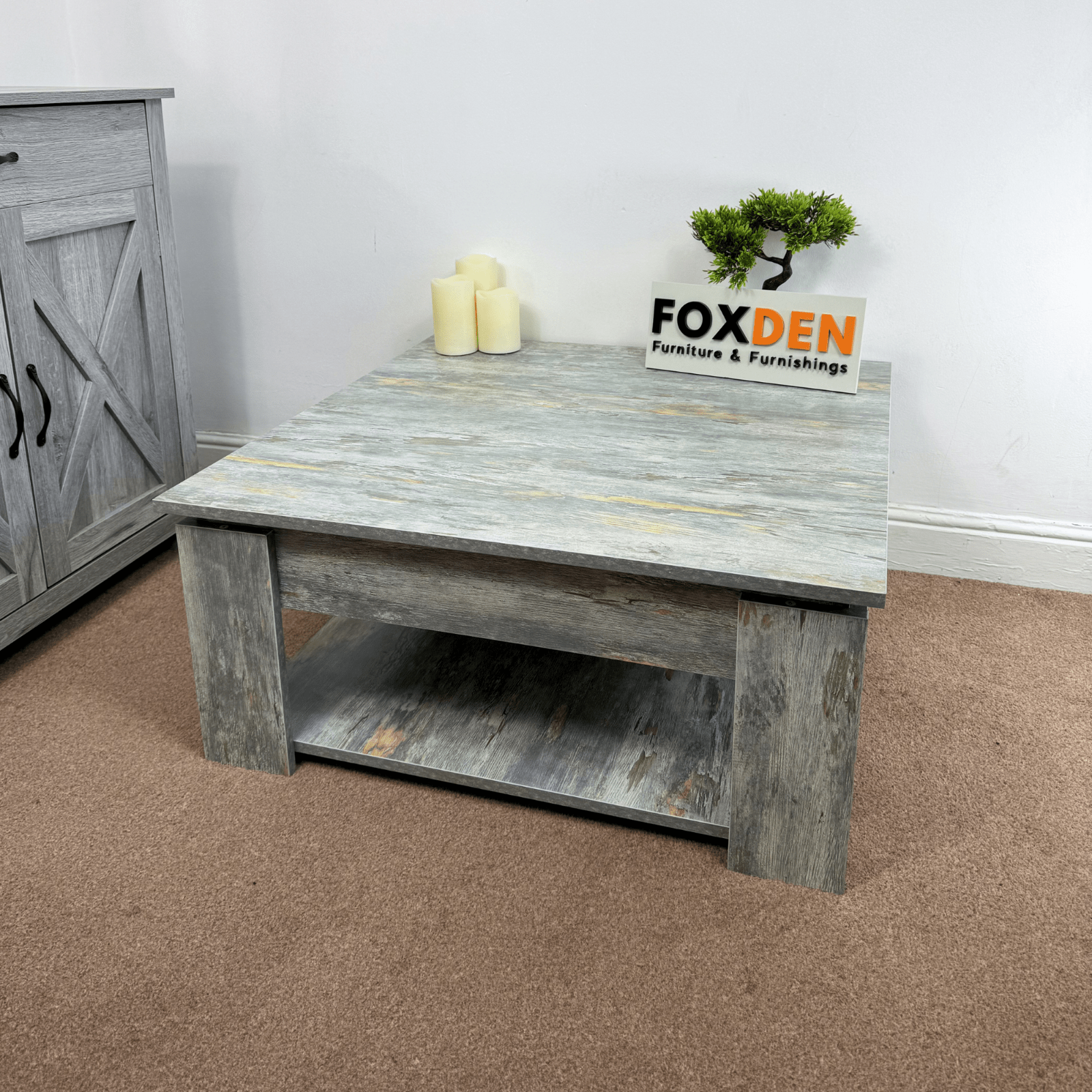 Large Wooden Square Coffee Table Shelf Grey Living Room Storage Console Table - Home and Garden Furniture Shop - #rustic - furniture#