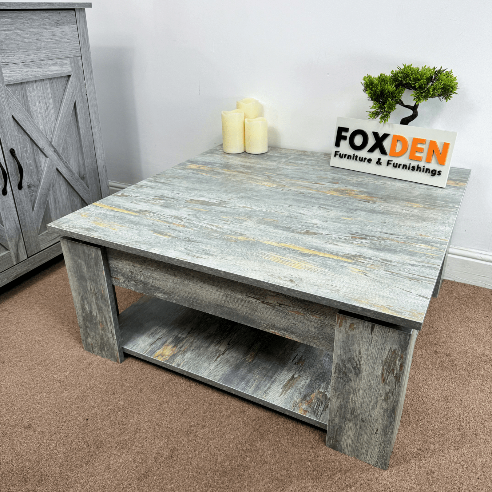 Large Wooden Square Coffee Table Shelf Grey Living Room Storage Console Table - Home and Garden Furniture Shop - #rustic - furniture#