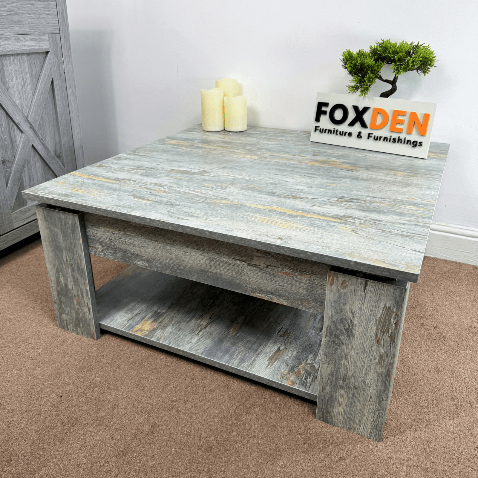 Large Wooden Square Coffee Table Shelf Grey Living Room Storage Console Table - Home and Garden Furniture Shop - #rustic - furniture#