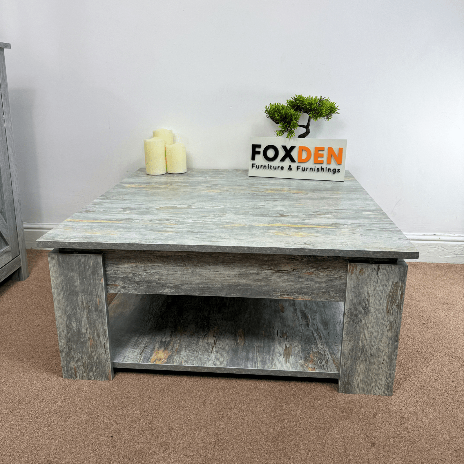 Large Wooden Square Coffee Table Shelf Grey Living Room Storage Console Table - Home and Garden Furniture Shop - #rustic - furniture#