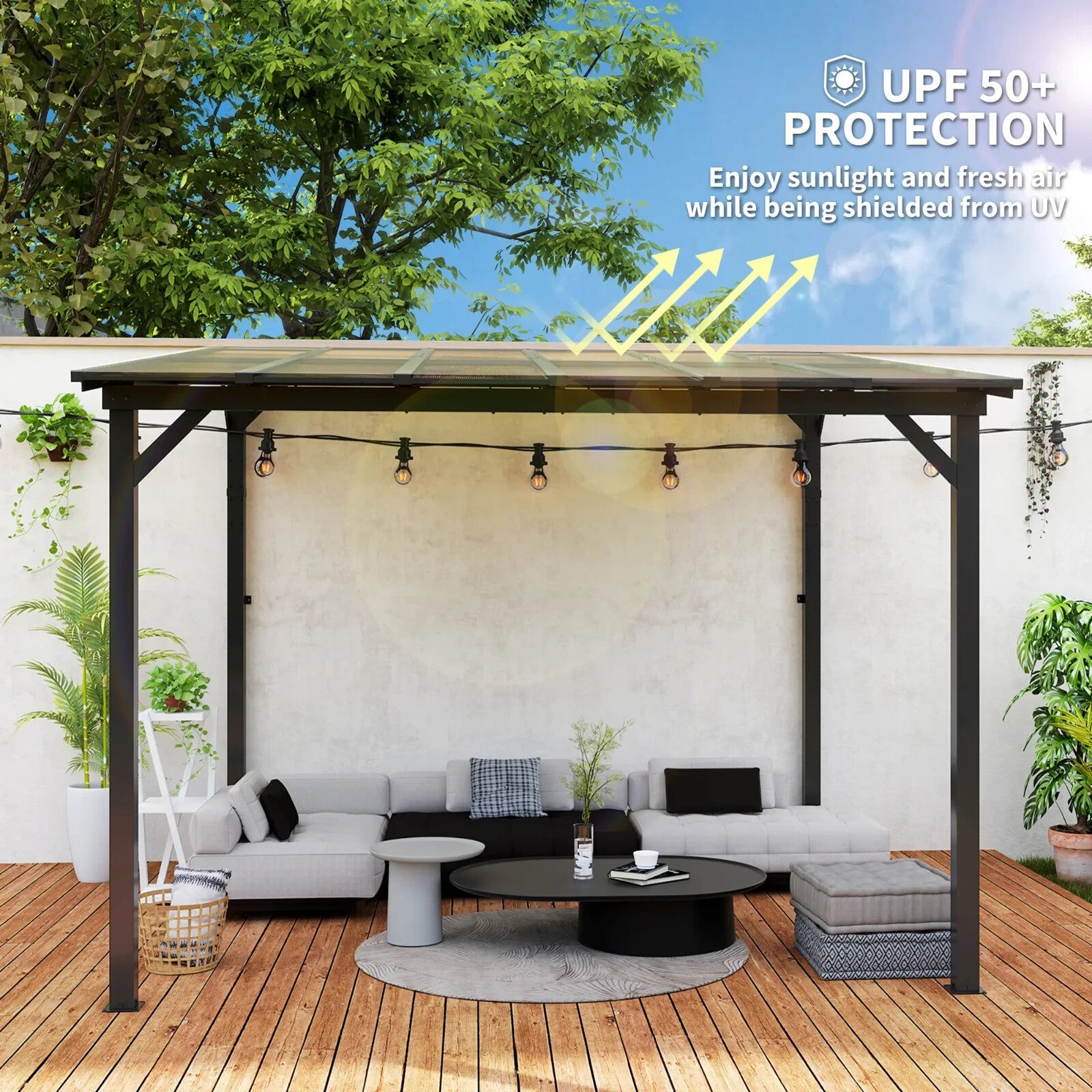 Lean to Metal Pergola Gazebo Waterproof Hardtop Roof 3 x 3(m) Patio Rain Shelter - Home and Garden Furniture Shop - rustic - furniture