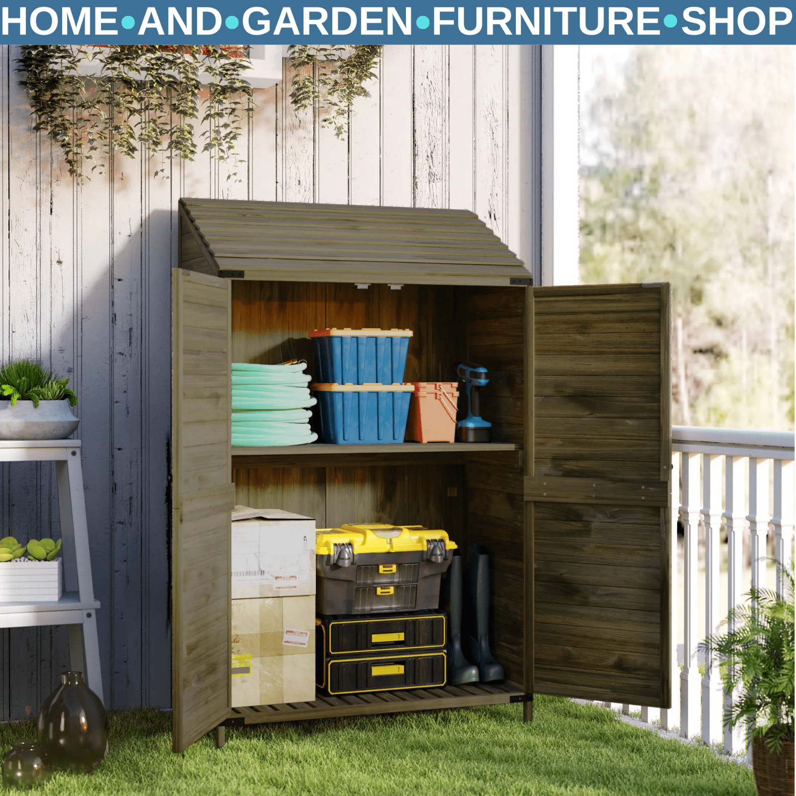 Lean To Wooden Garden Shed Tool Storage Cabinet with Shelves and Double Doors - Home and Garden Furniture Shop - rustic - furniture