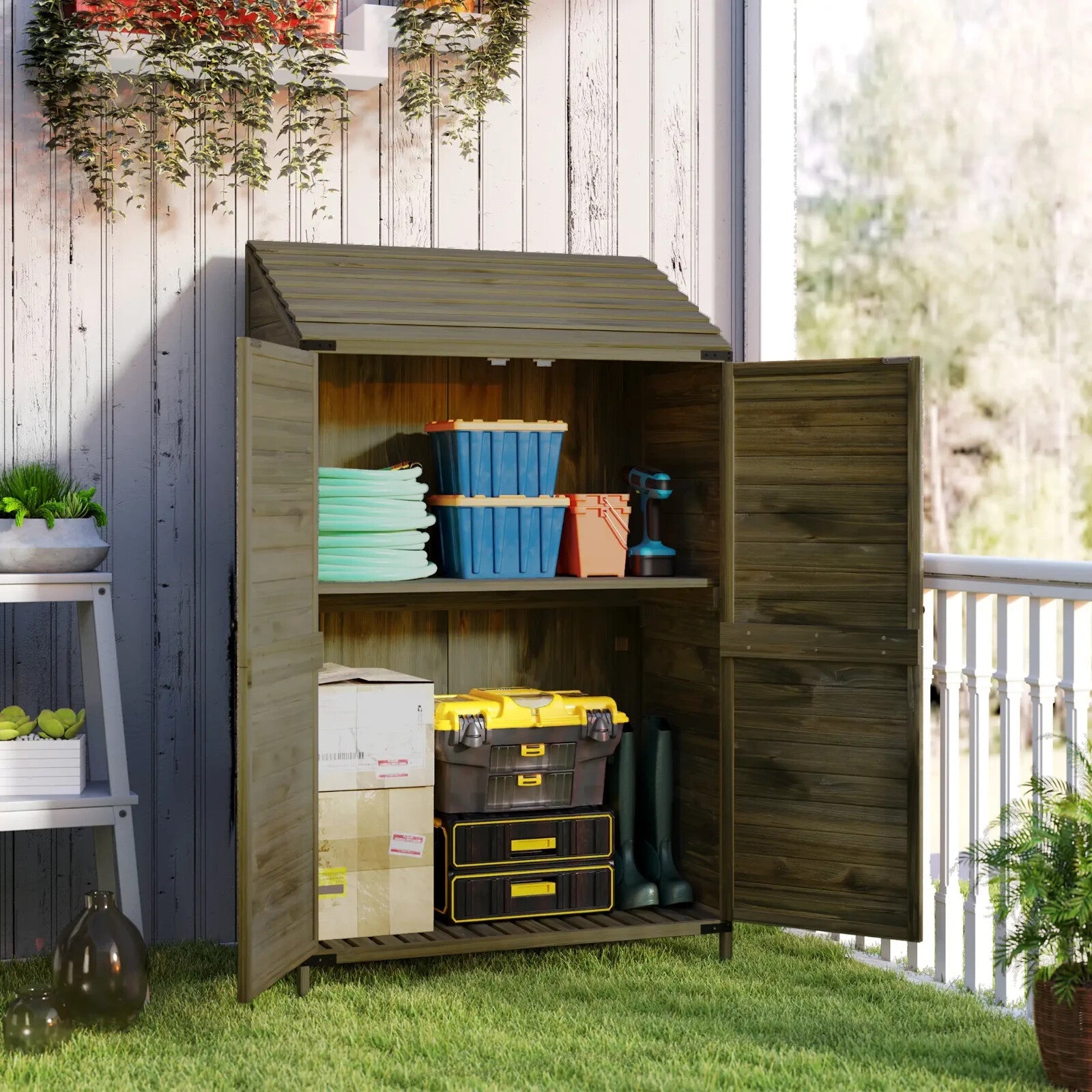 Lean To Wooden Garden Shed Tool Storage Cabinet with Shelves and Double Doors - Home and Garden Furniture Shop - rustic - furniture