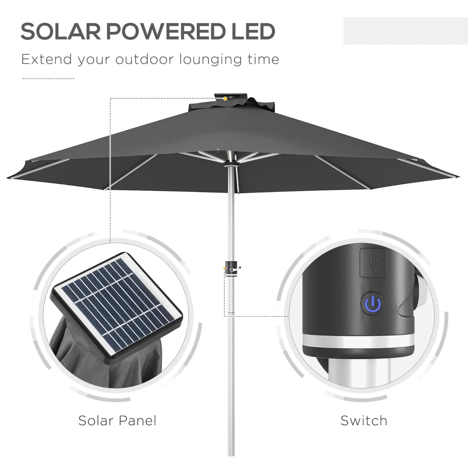 LED Patio Umbrella with Solar USB Charging 4Lighting Mode Outdoor Garden Parasol - Home and Garden Furniture Shop - rustic - furniture