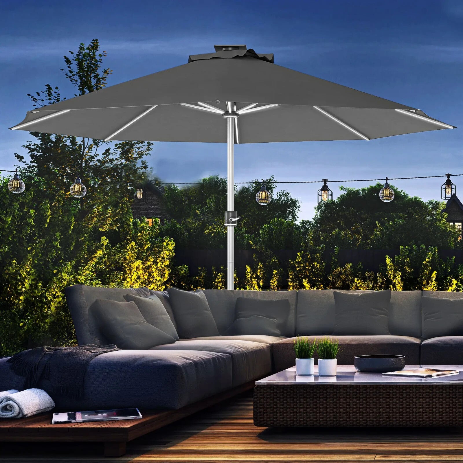 LED Patio Umbrella with Solar USB Charging 4Lighting Mode Outdoor Garden Parasol - Home and Garden Furniture Shop - rustic - furniture