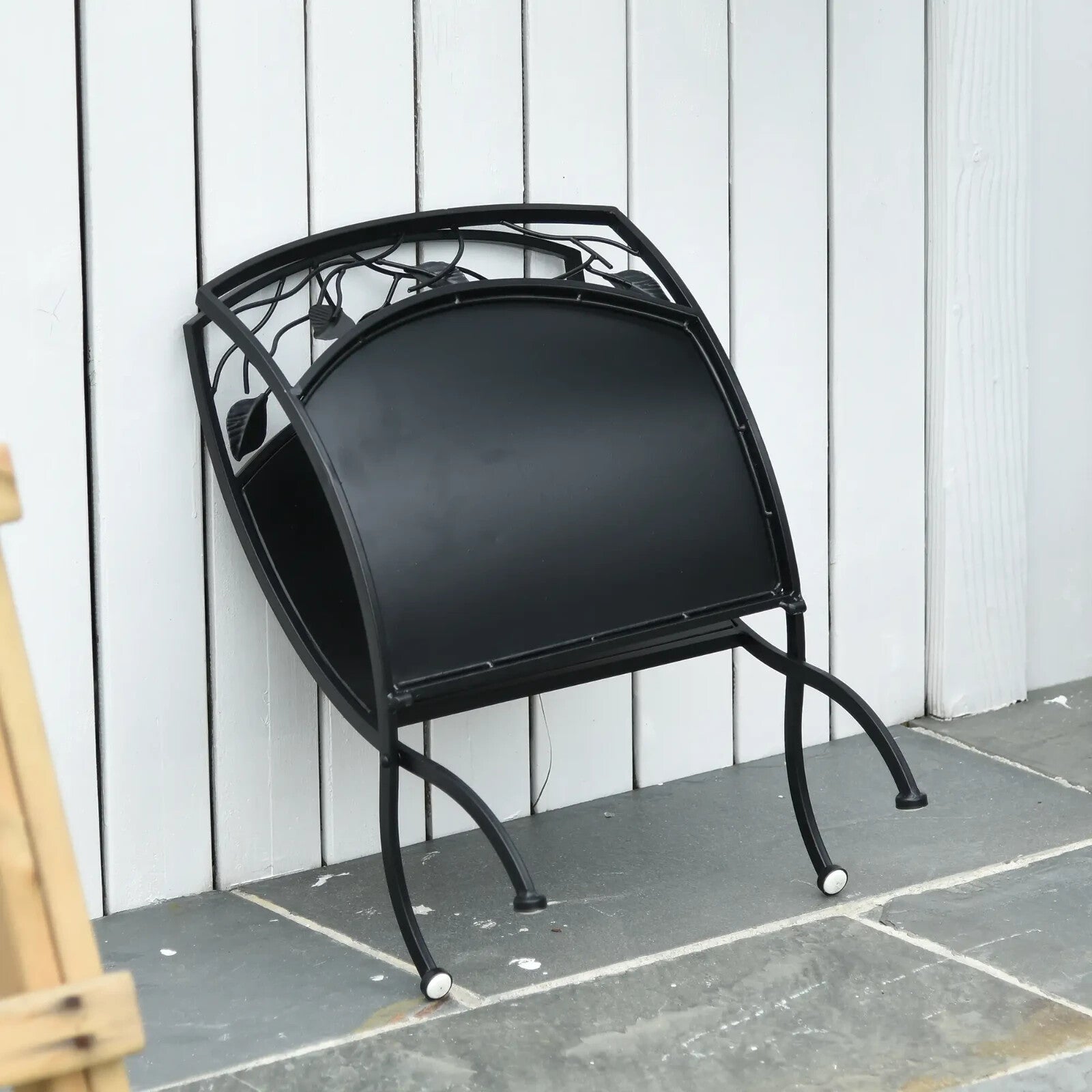 Log Holder Stand Folding Arced w/ Wood Storage Shelf & Leaf Scroll Panel Black - Home and Garden Furniture Shop - rustic - furniture