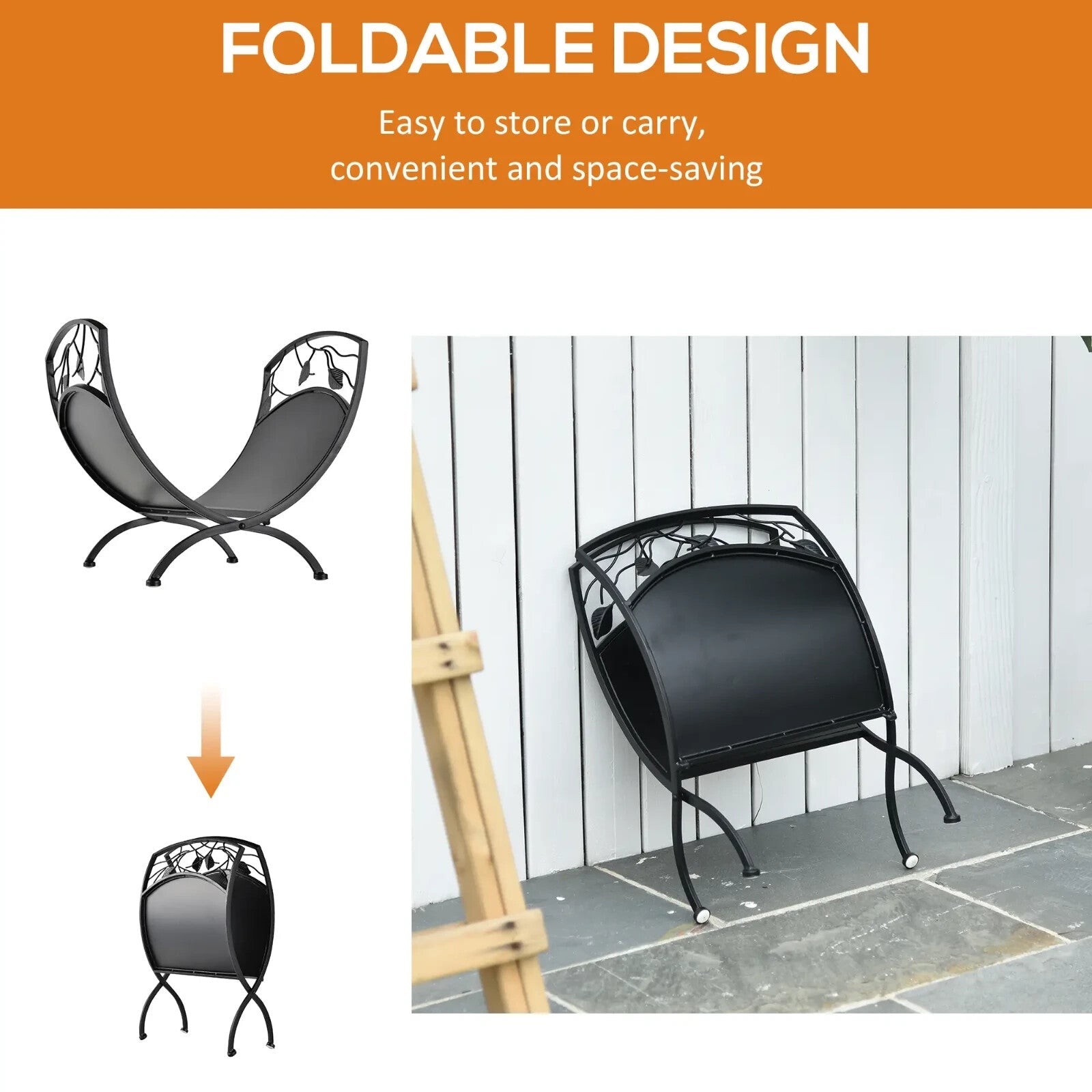 Log Holder Stand Folding Arced w/ Wood Storage Shelf & Leaf Scroll Panel Black - Home and Garden Furniture Shop - rustic - furniture
