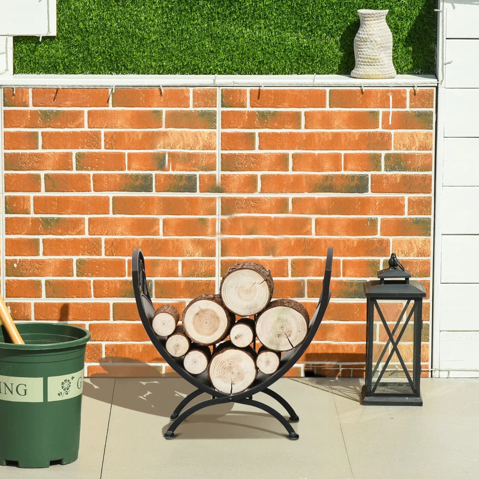 Log Holder Stand Folding Arced w/ Wood Storage Shelf & Leaf Scroll Panel Black - Home and Garden Furniture Shop - rustic - furniture