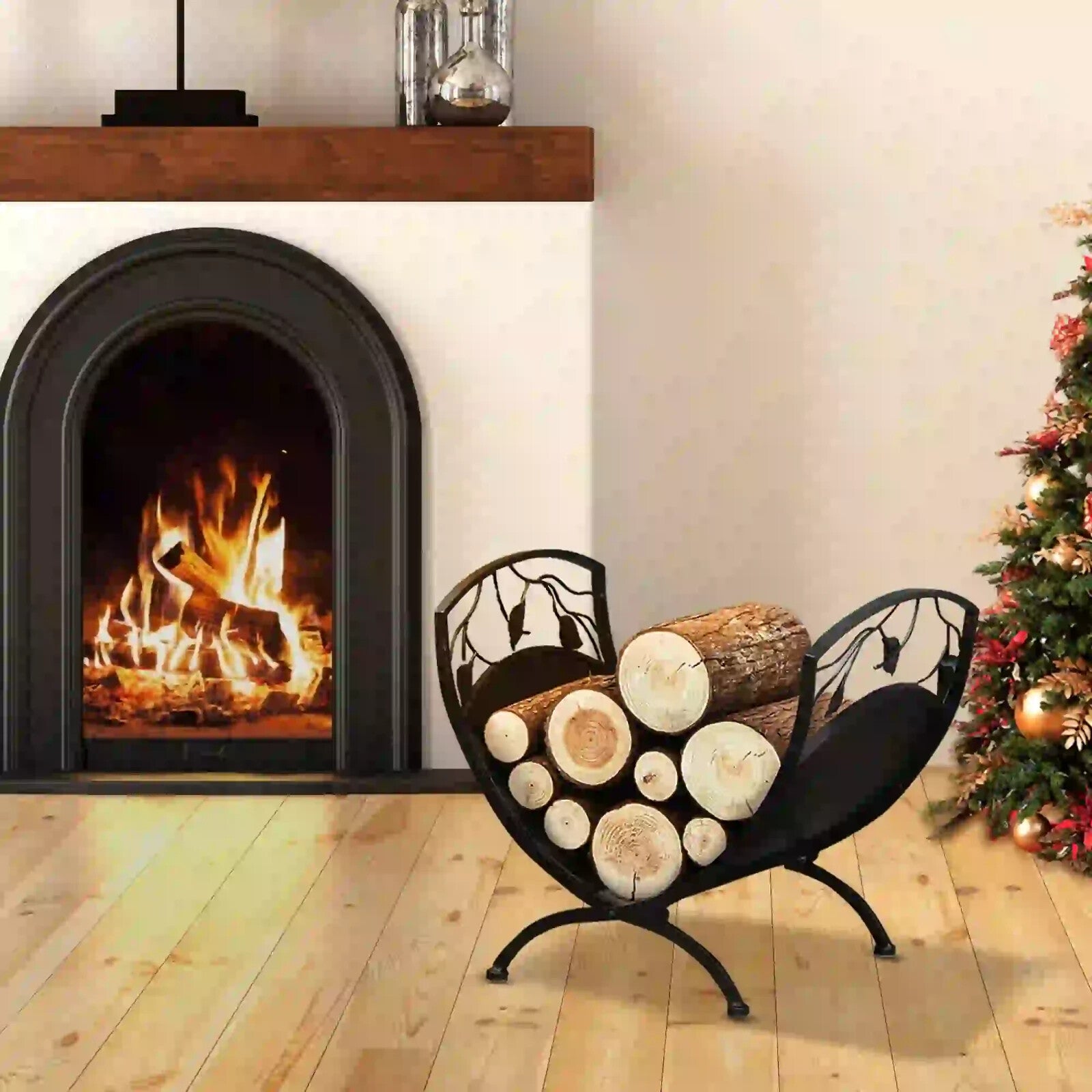 Log Holder Stand Folding Arced w/ Wood Storage Shelf & Leaf Scroll Panel Black - Home and Garden Furniture Shop - rustic - furniture