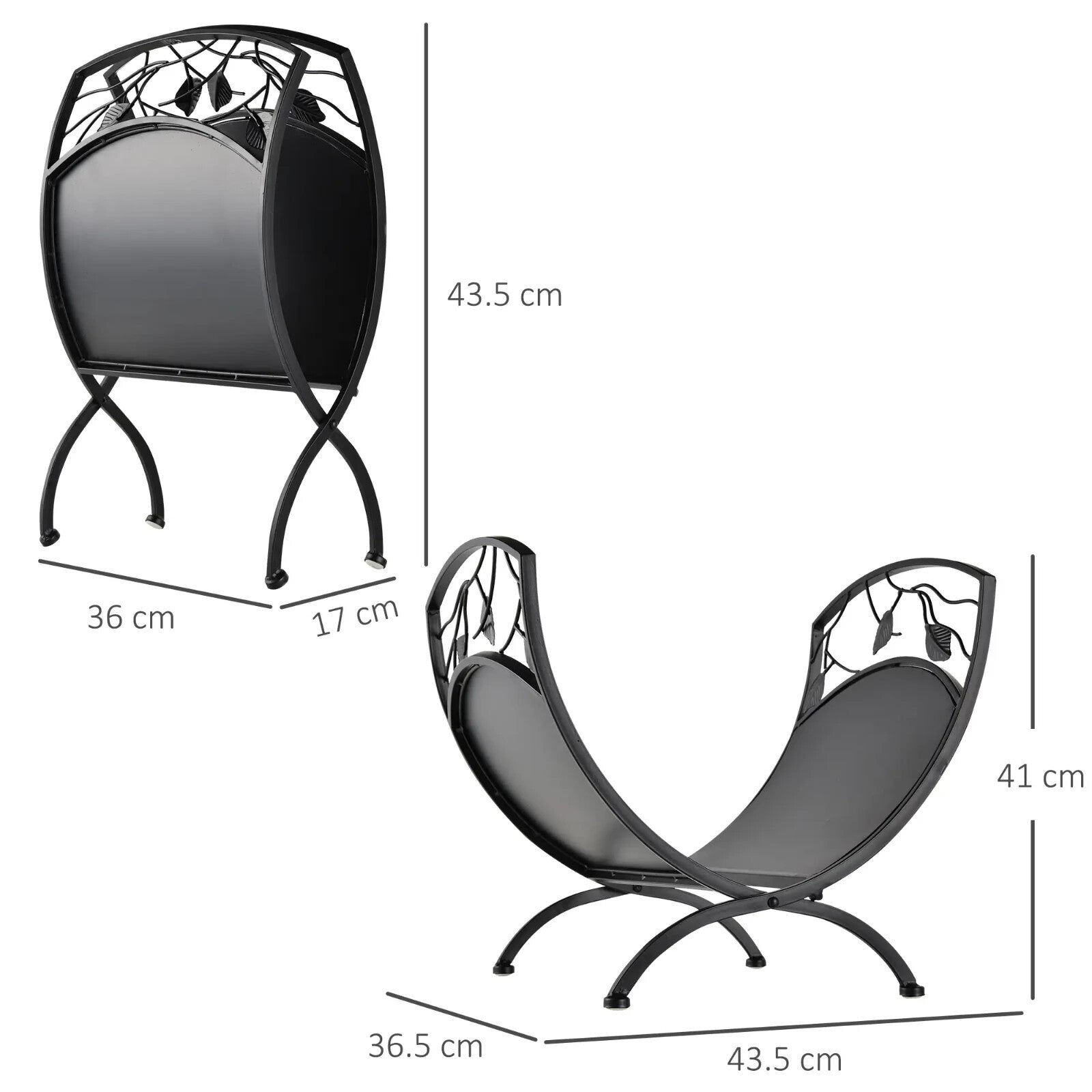 Log Holder Stand Folding Arced w/ Wood Storage Shelf & Leaf Scroll Panel Black - Home and Garden Furniture Shop - rustic - furniture