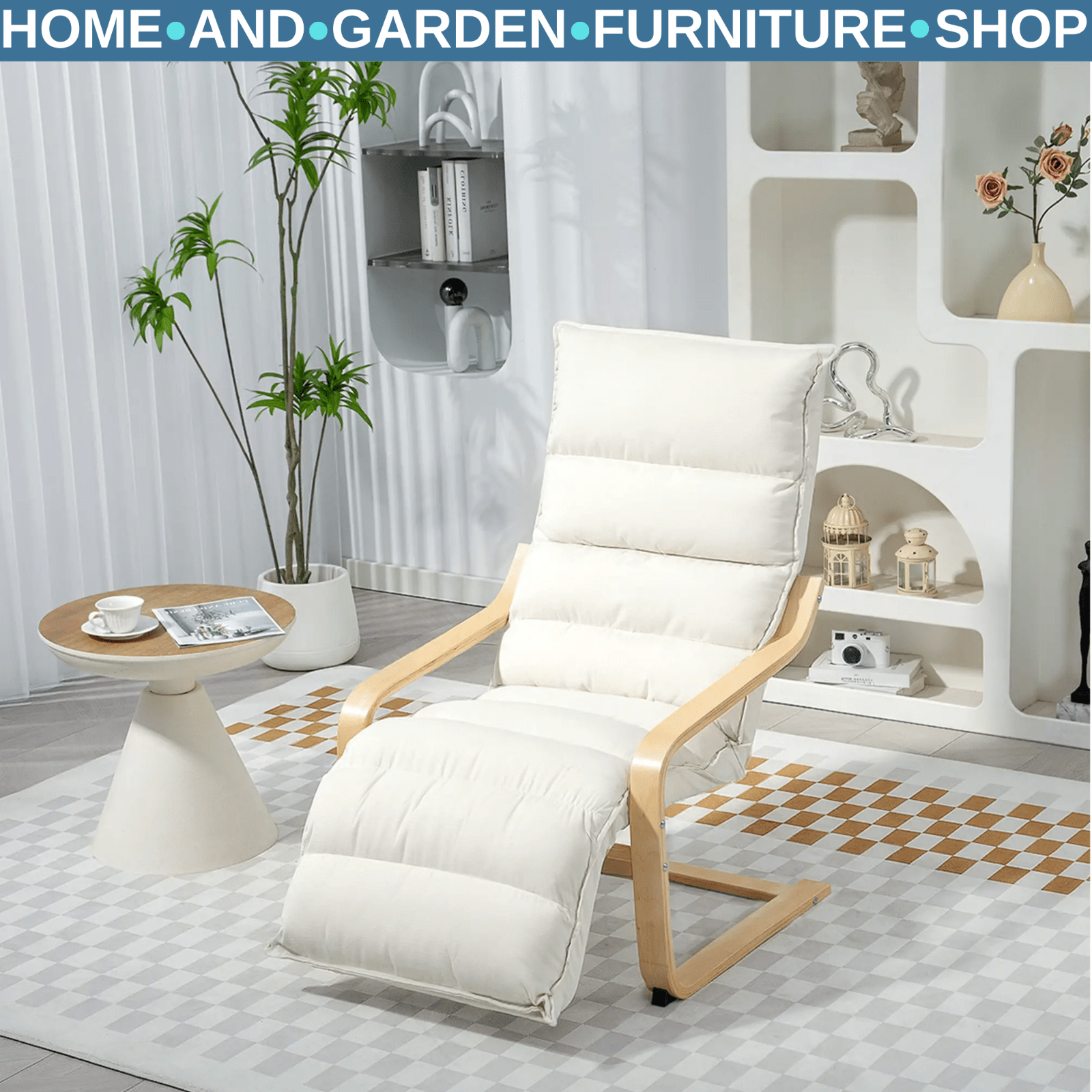 Lounge Chair Wood Frame Living Room with Adjustable Footrest & High Back Cream - Home and Garden Furniture Shop - rustic - furniture