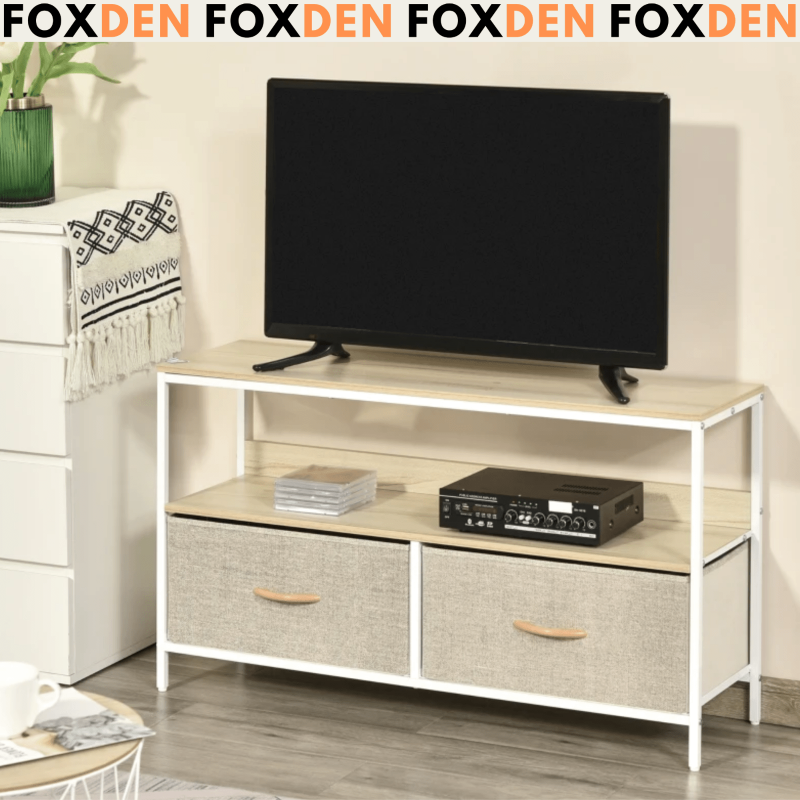 MDF Oak TV Stand Cabinet TV Console Center Unit 2 Drawers Shelf White Metal Legs - Home and Garden Furniture Shop - #rustic - furniture#