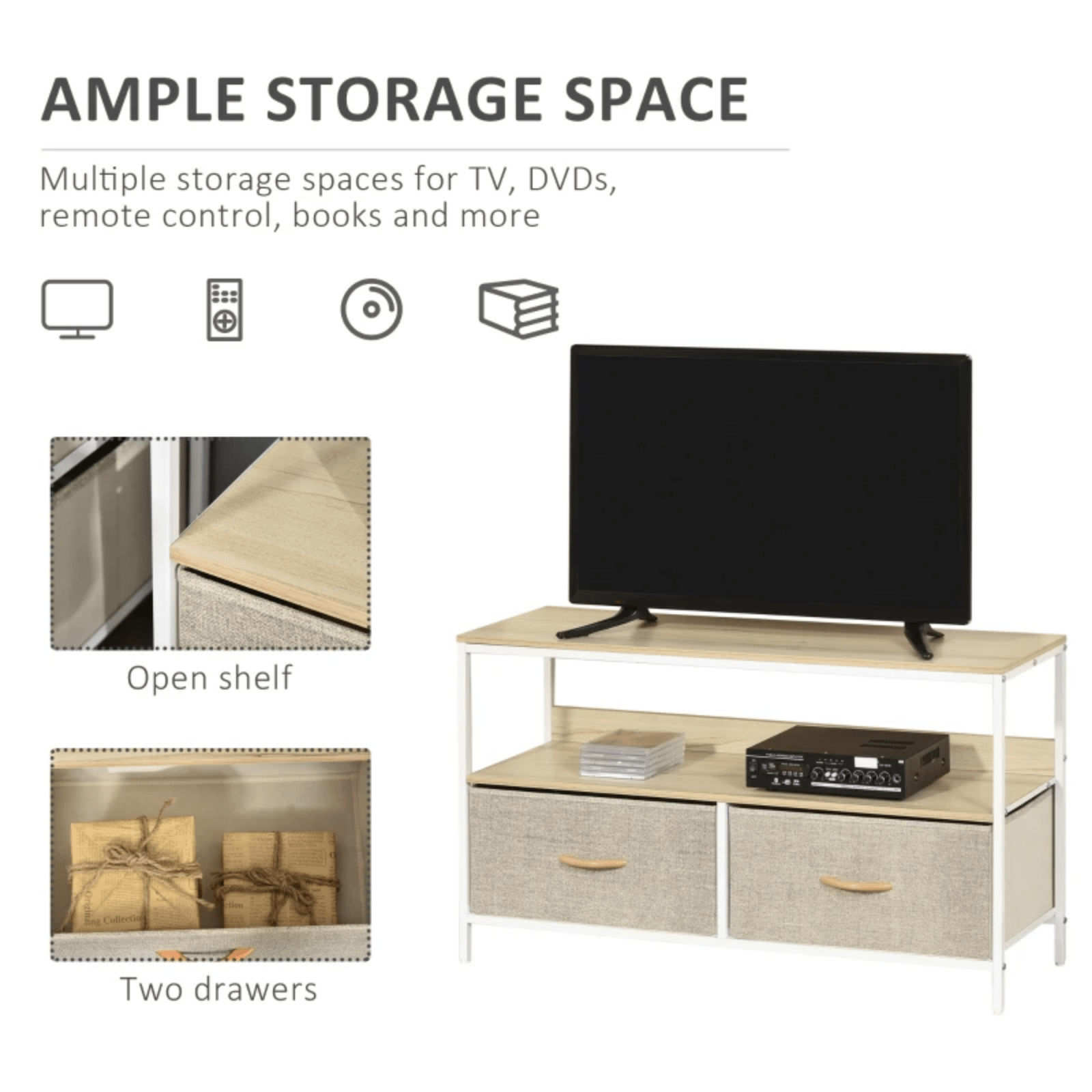 MDF Oak TV Stand Cabinet TV Console Center Unit 2 Drawers Shelf White Metal Legs - Home and Garden Furniture Shop - #rustic - furniture#