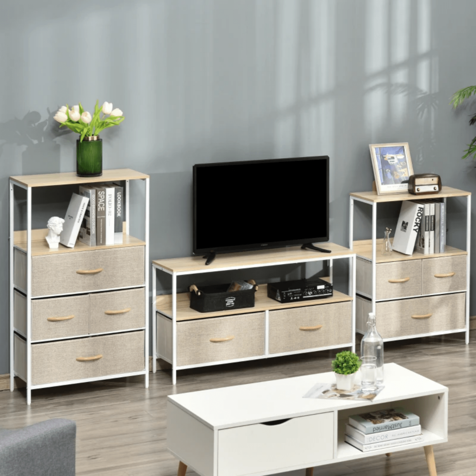 MDF Oak TV Stand Cabinet TV Console Center Unit 2 Drawers Shelf White Metal Legs - Home and Garden Furniture Shop - rustic - furniture