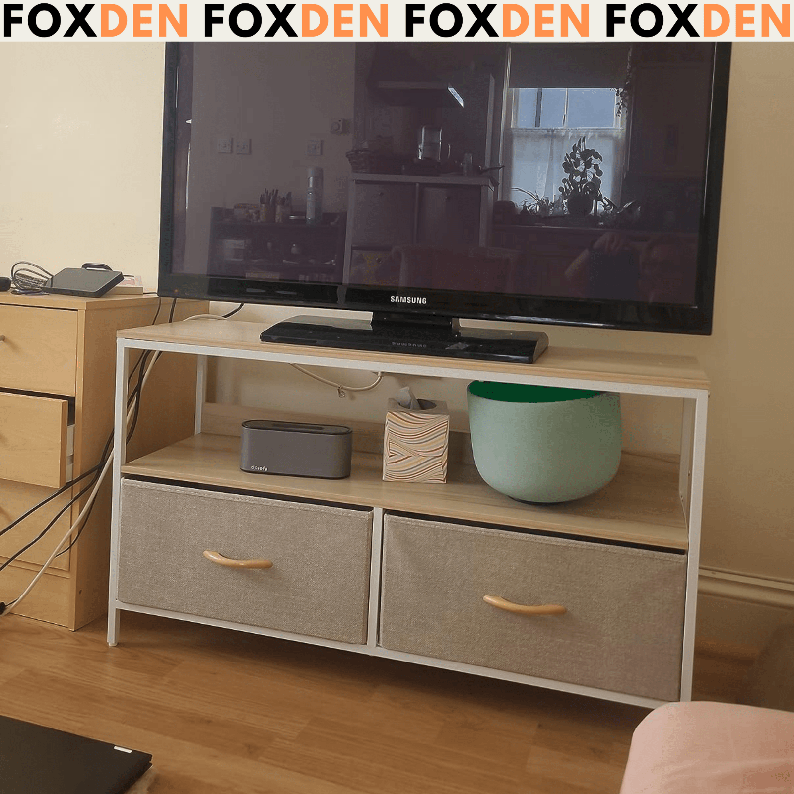 MDF Oak TV Stand Cabinet TV Console Center Unit 2 Drawers Shelf White Metal Legs - Home and Garden Furniture Shop - rustic - furniture