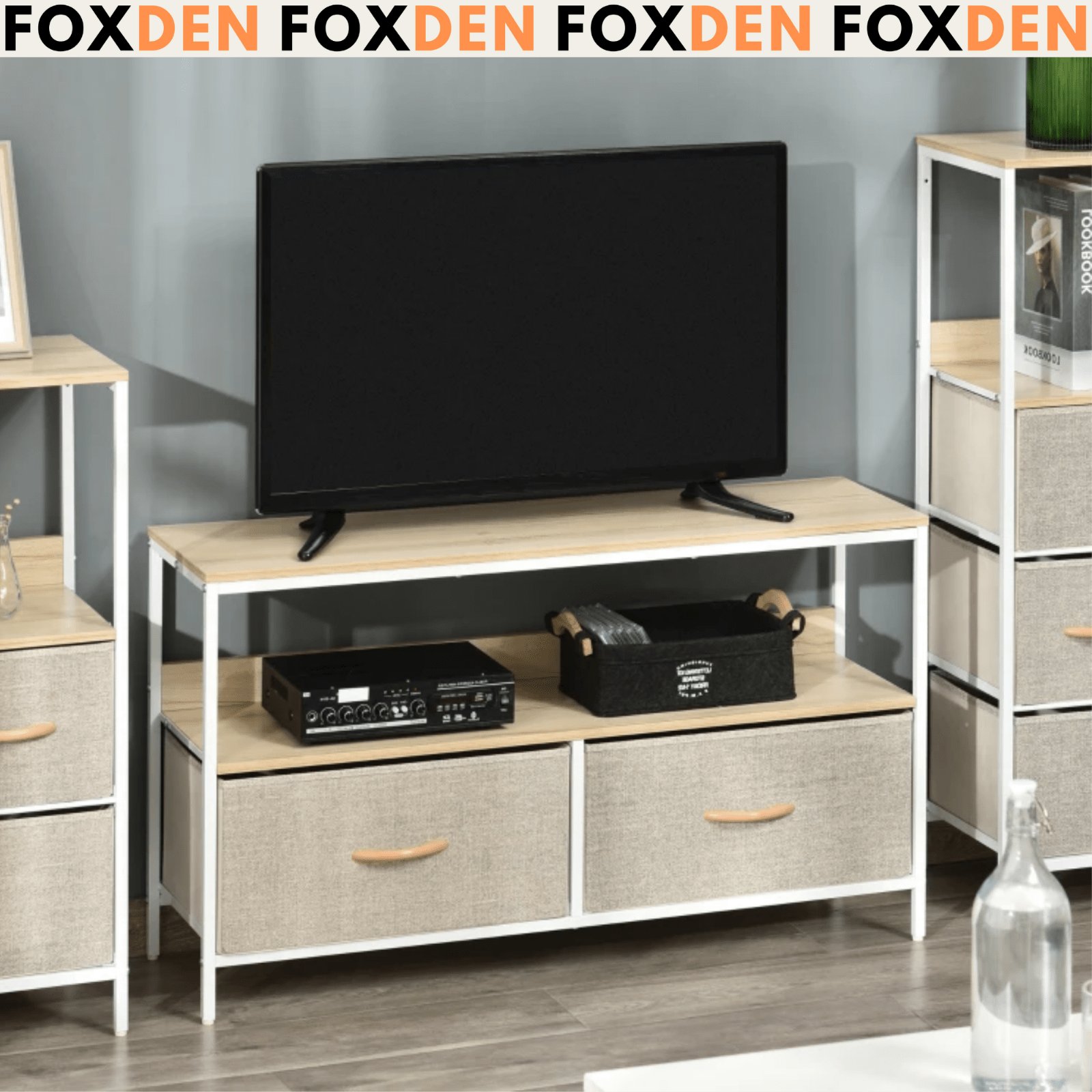 MDF Oak TV Stand Cabinet TV Console Center Unit 2 Drawers Shelf White Metal Legs - Home and Garden Furniture Shop - rustic - furniture