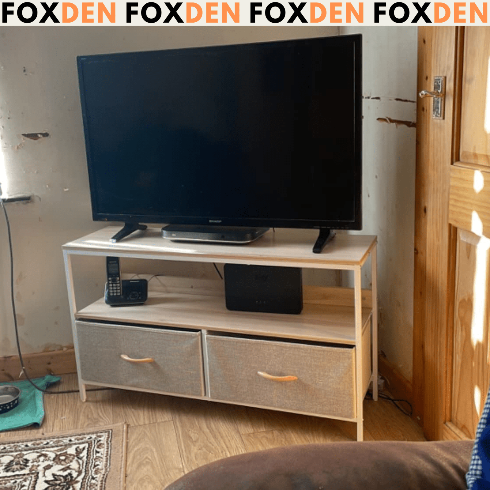 MDF Oak TV Stand Cabinet TV Console Center Unit 2 Drawers Shelf White Metal Legs - Home and Garden Furniture Shop - rustic - furniture