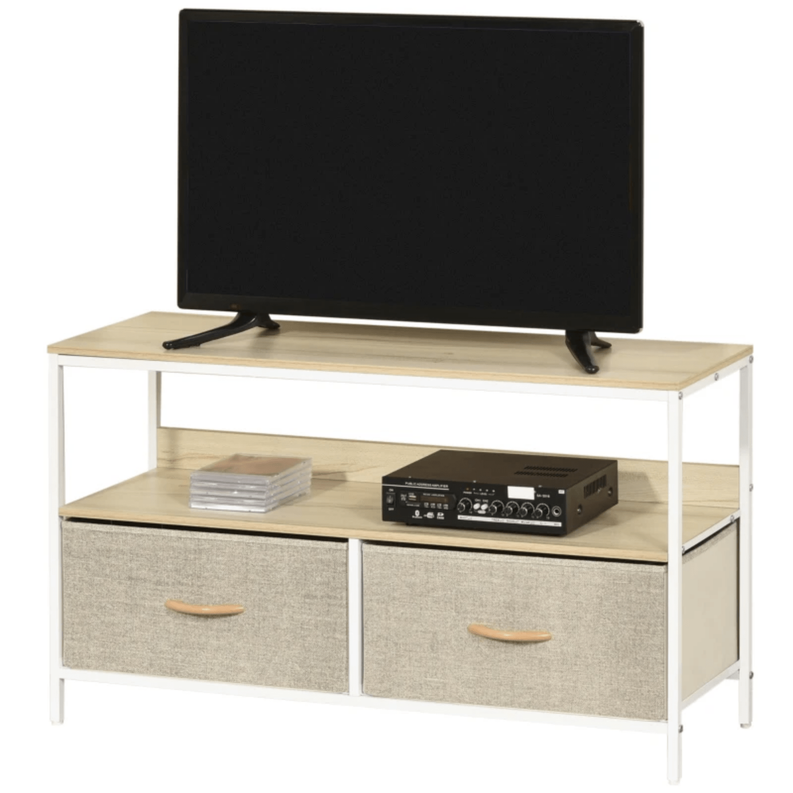 MDF Oak TV Stand Cabinet TV Console Center Unit 2 Drawers Shelf White Metal Legs - Home and Garden Furniture Shop - rustic - furniture