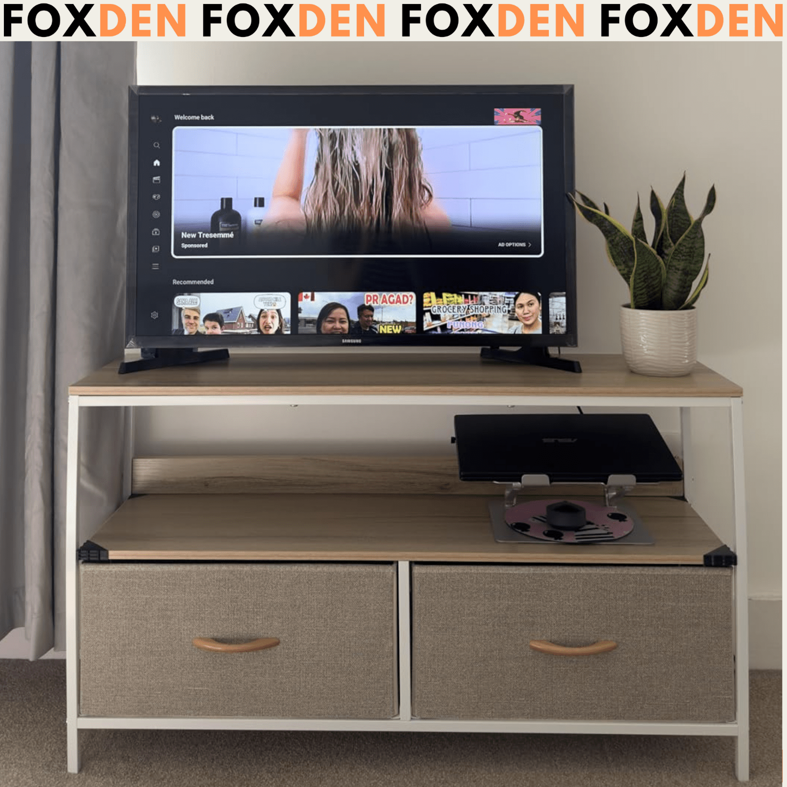 MDF Oak TV Stand Cabinet TV Console Center Unit 2 Drawers Shelf White Metal Legs - Home and Garden Furniture Shop - #rustic - furniture#