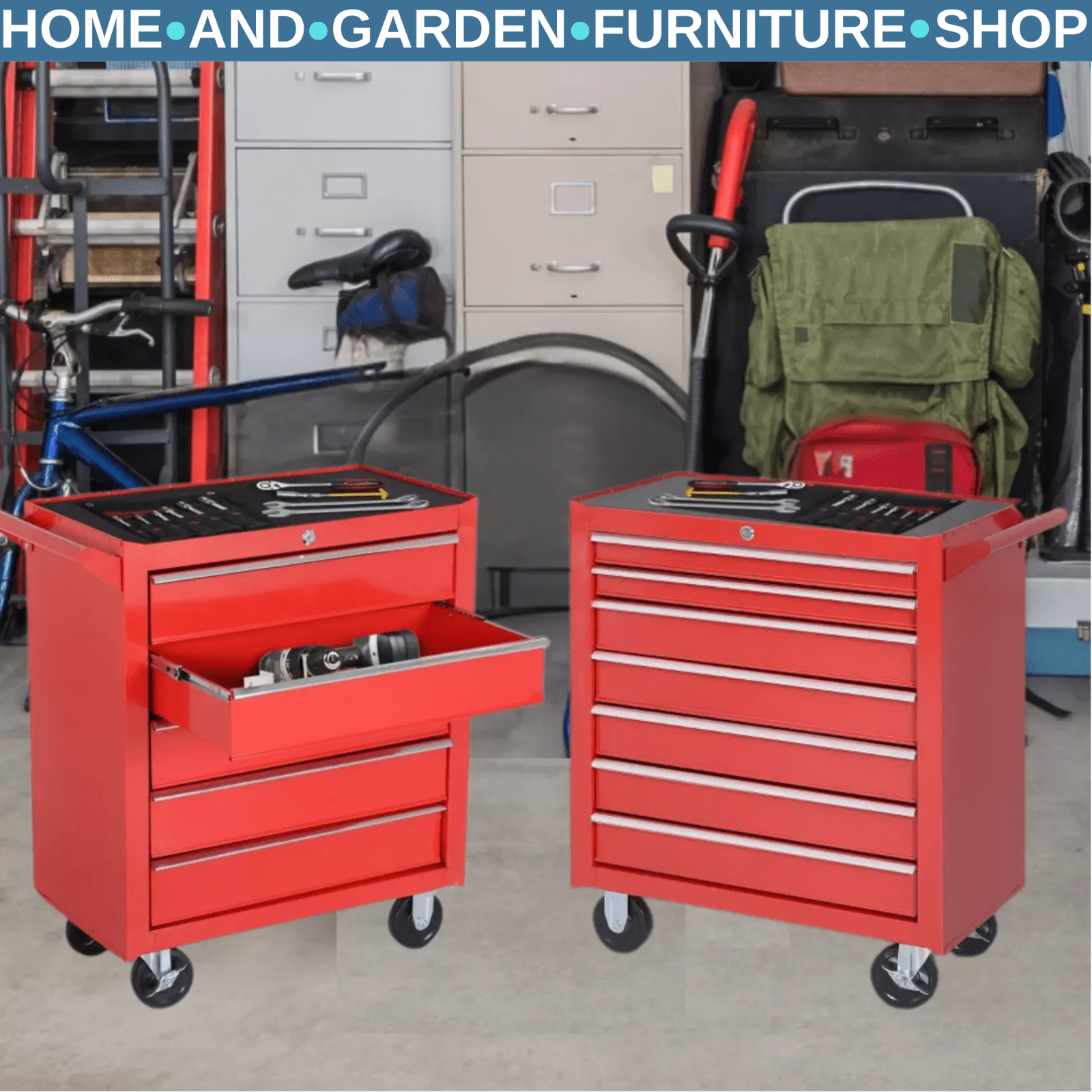 Mechanic Roller Tool Cabinet Storage Chest Box Garage Workshop 7 Drawers Red Set - Home and Garden Furniture Shop - rustic - furniture