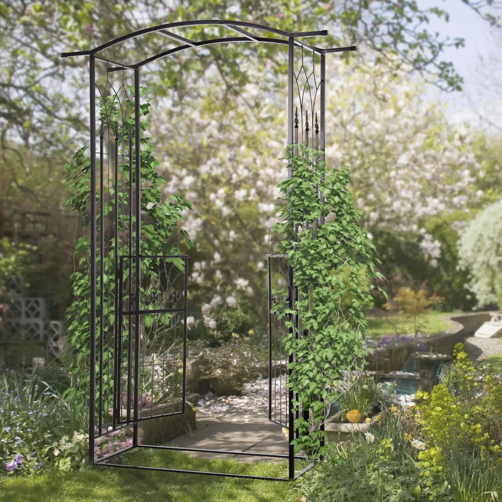 Metal Garden Arch with Gate Outdoor Climbing Plant Trellis Arbour Archway Black - Home and Garden Furniture Shop - rustic - furniture
