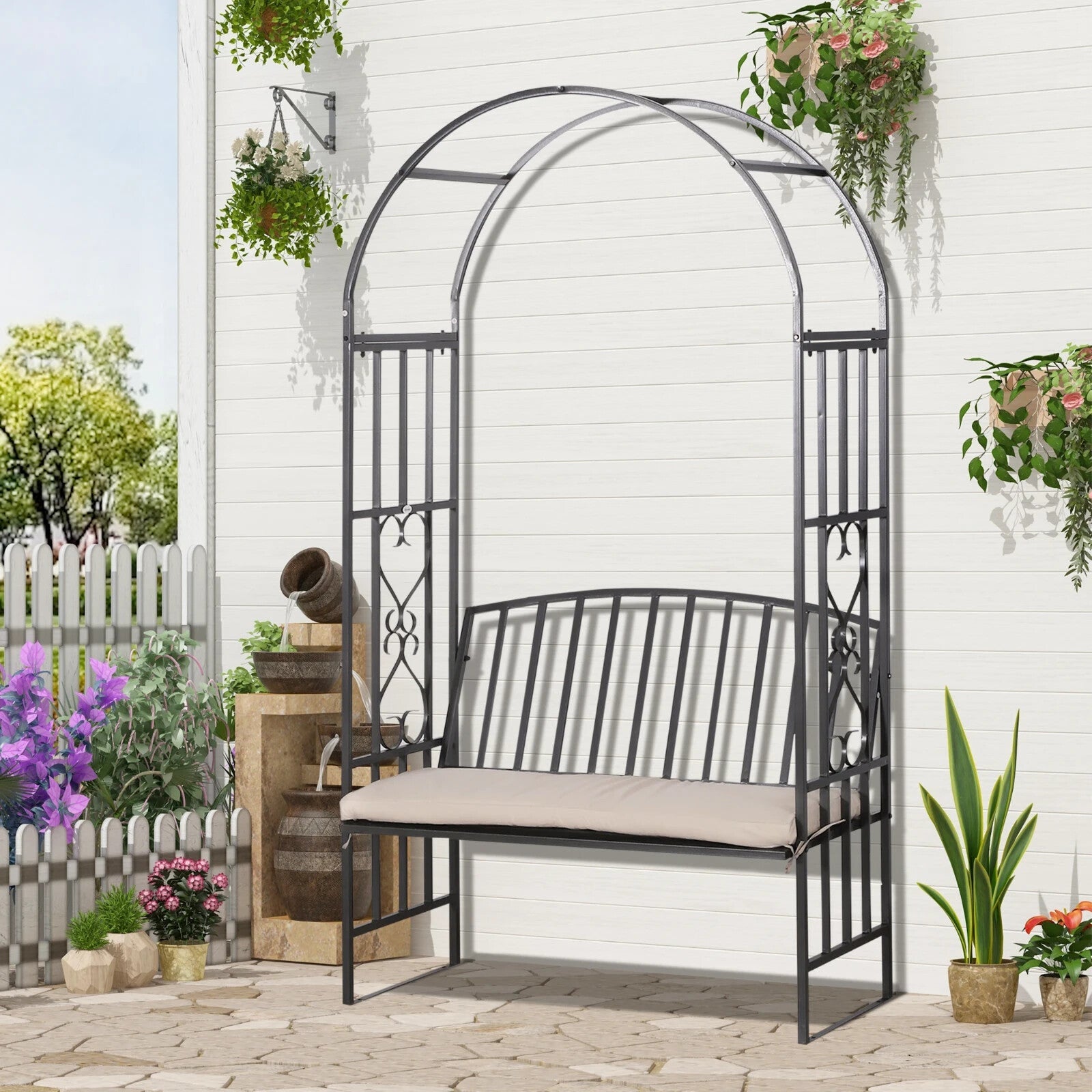 Metal Garden Bench 2 Seater Outdoor Chair Arbour Arch Pergola Black Frame Bench - Home and Garden Furniture Shop - rustic - furniture