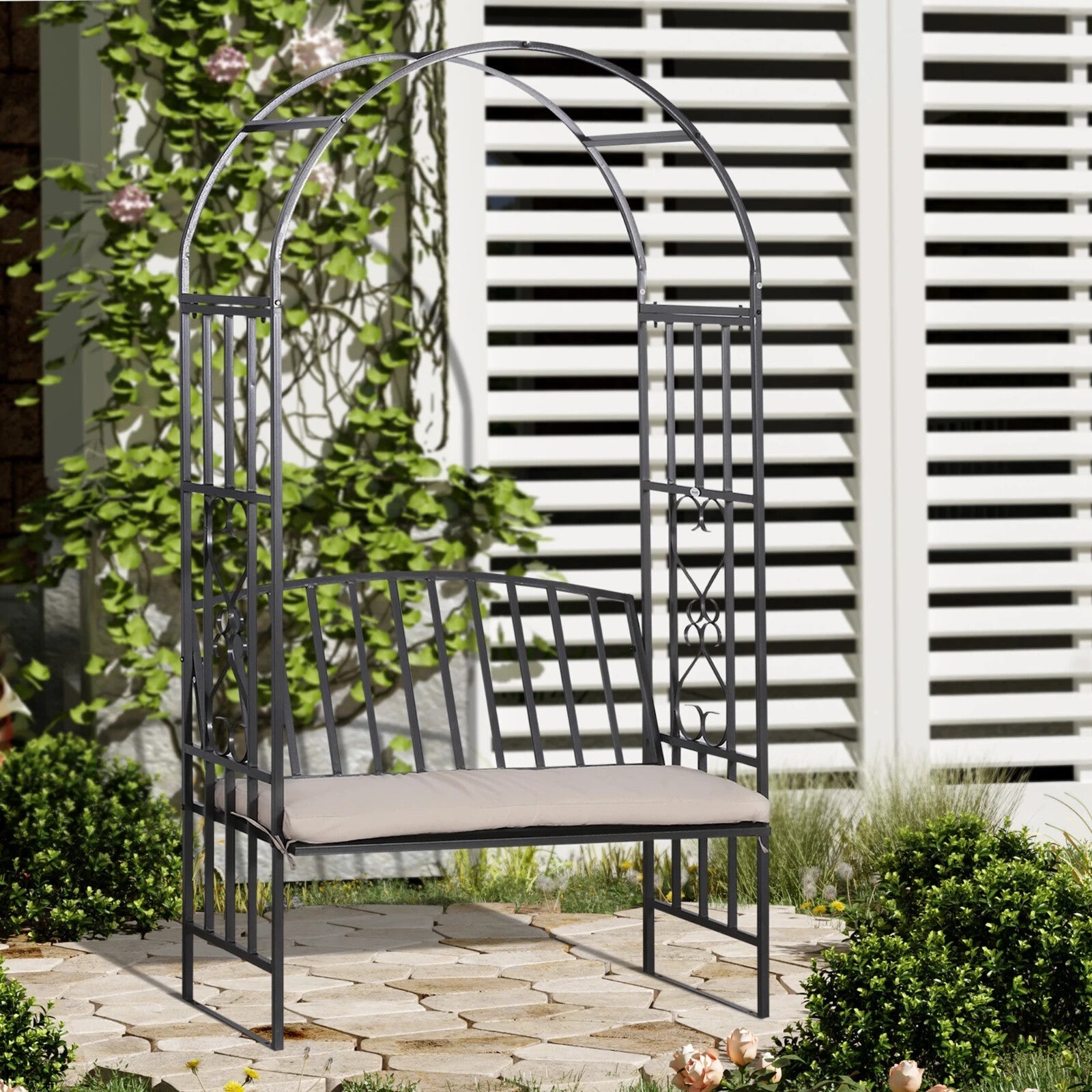 Metal Garden Bench 2 Seater Outdoor Chair Arbour Arch Pergola Black Frame Bench - Home and Garden Furniture Shop - rustic - furniture