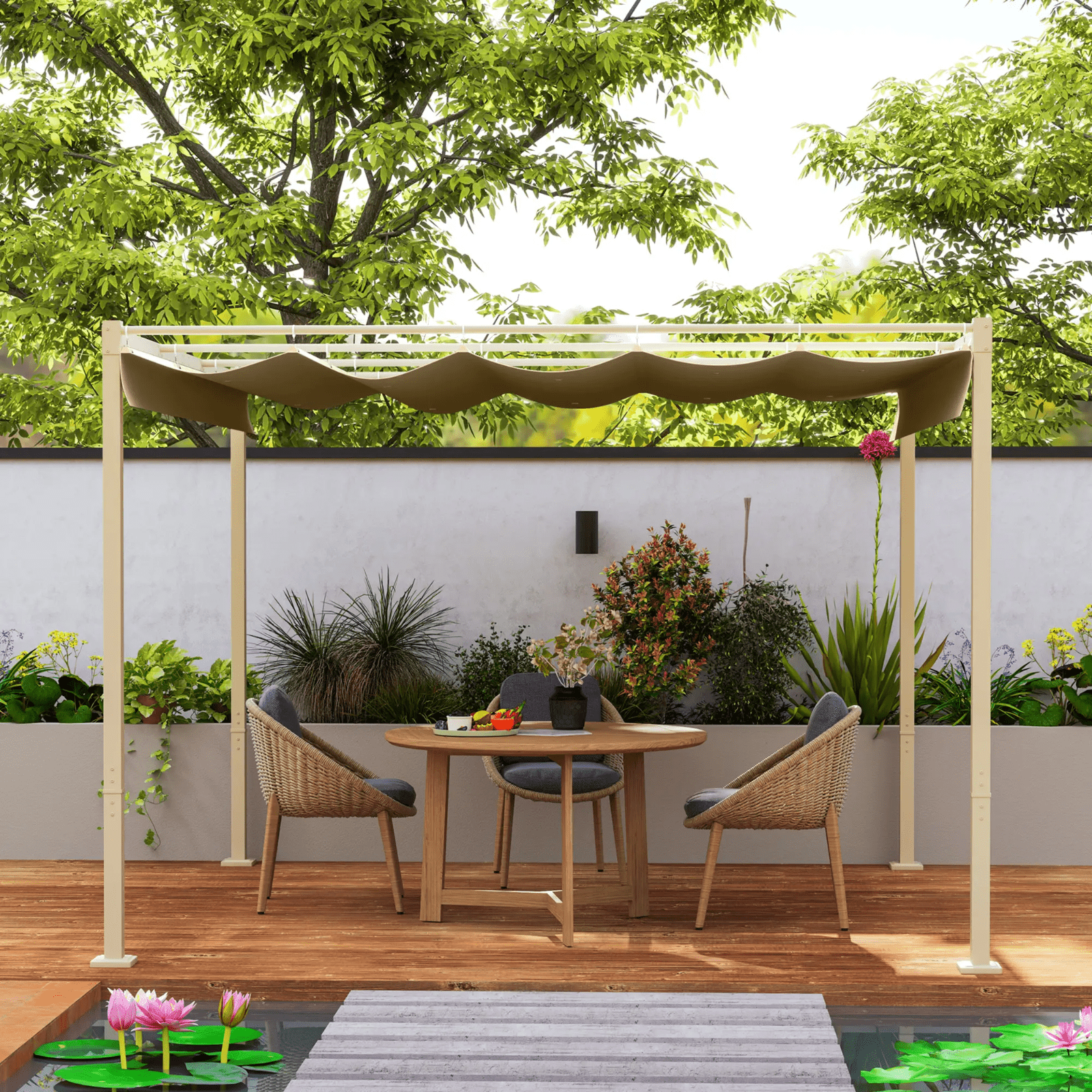 Metal Garden Pergola with Roof Retractable Canopy Khaki Patio Shelter Sun Shade - Home and Garden Furniture Shop - rustic - furniture