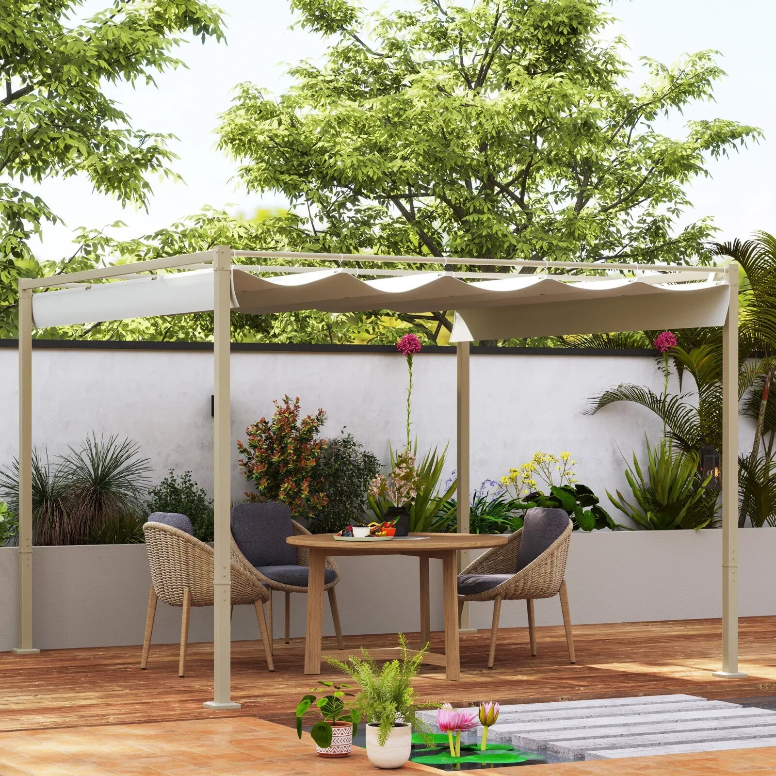 Metal Garden Pergola with Roof Retractable Canopy Khaki Patio Shelter Sun Shade - Home and Garden Furniture Shop - rustic - furniture