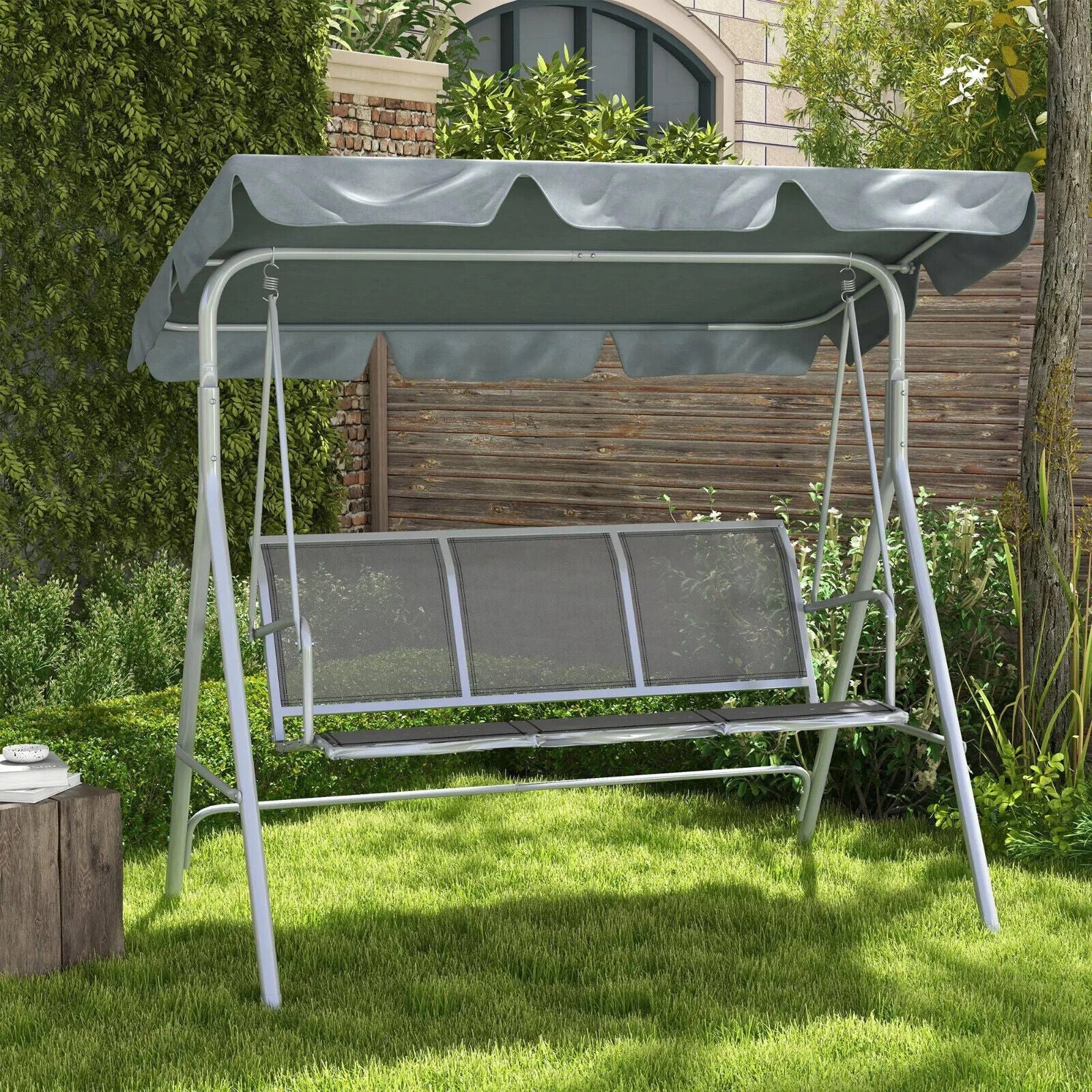 Metal Garden Swing Chair Hammock 3 Seater Patio Swing Bench with Sun Canopy Grey - Home and Garden Furniture Shop - #rustic - furniture#