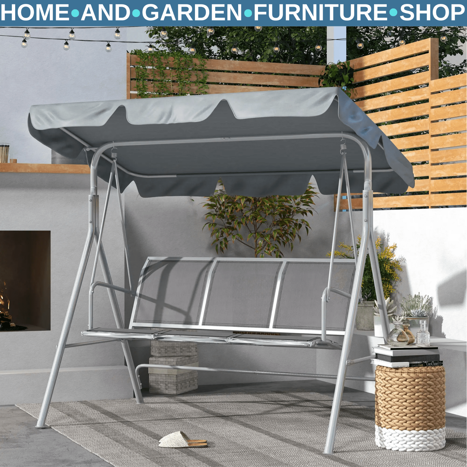 Metal Garden Swing Chair Hammock 3 Seater Patio Swing Bench with Sun Canopy Grey - Home and Garden Furniture Shop - rustic - furniture