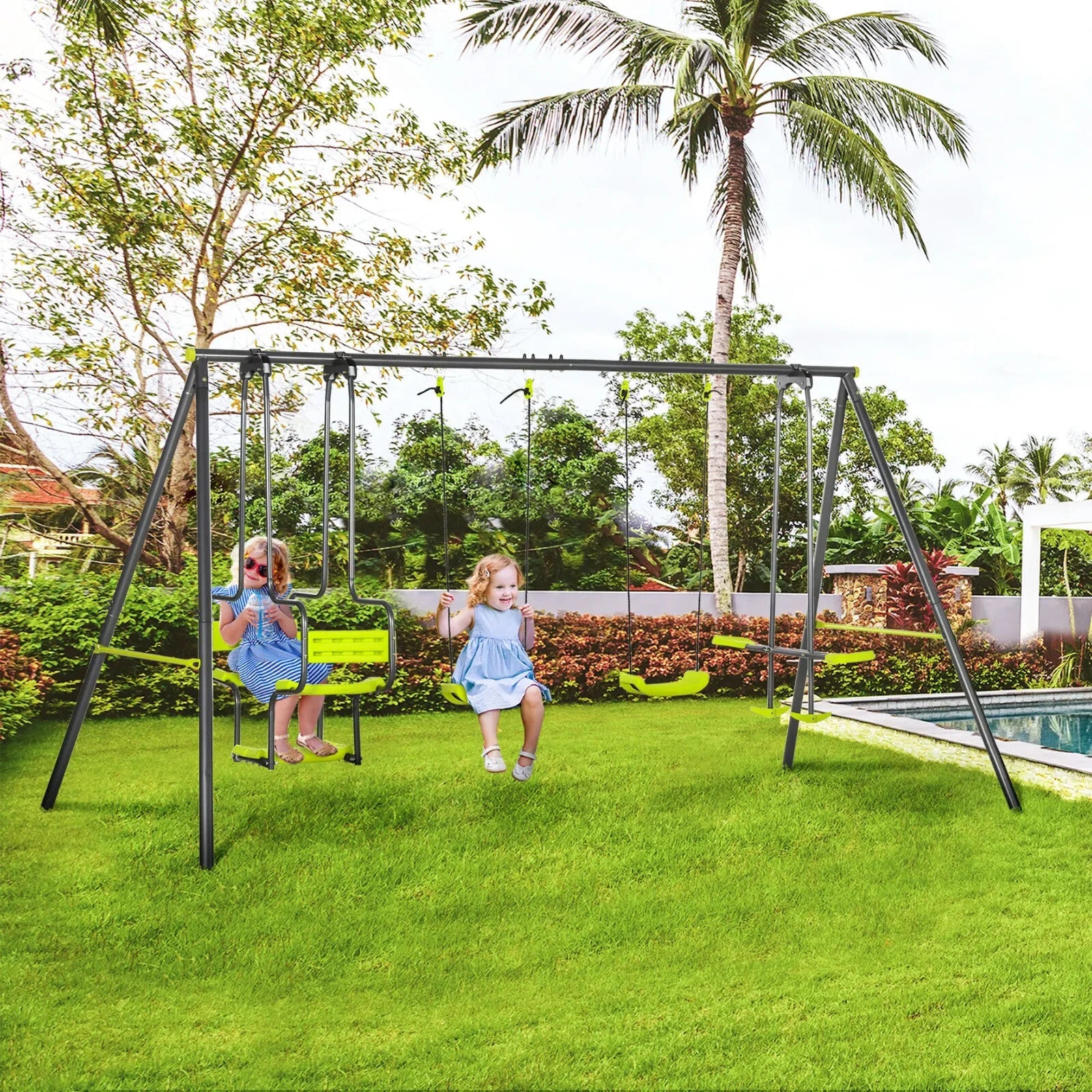 Metal Garden Swing Set with Double Swing and Glider Outdoor Kids Play Seat Frame - Home and Garden Furniture Shop - rustic - furniture