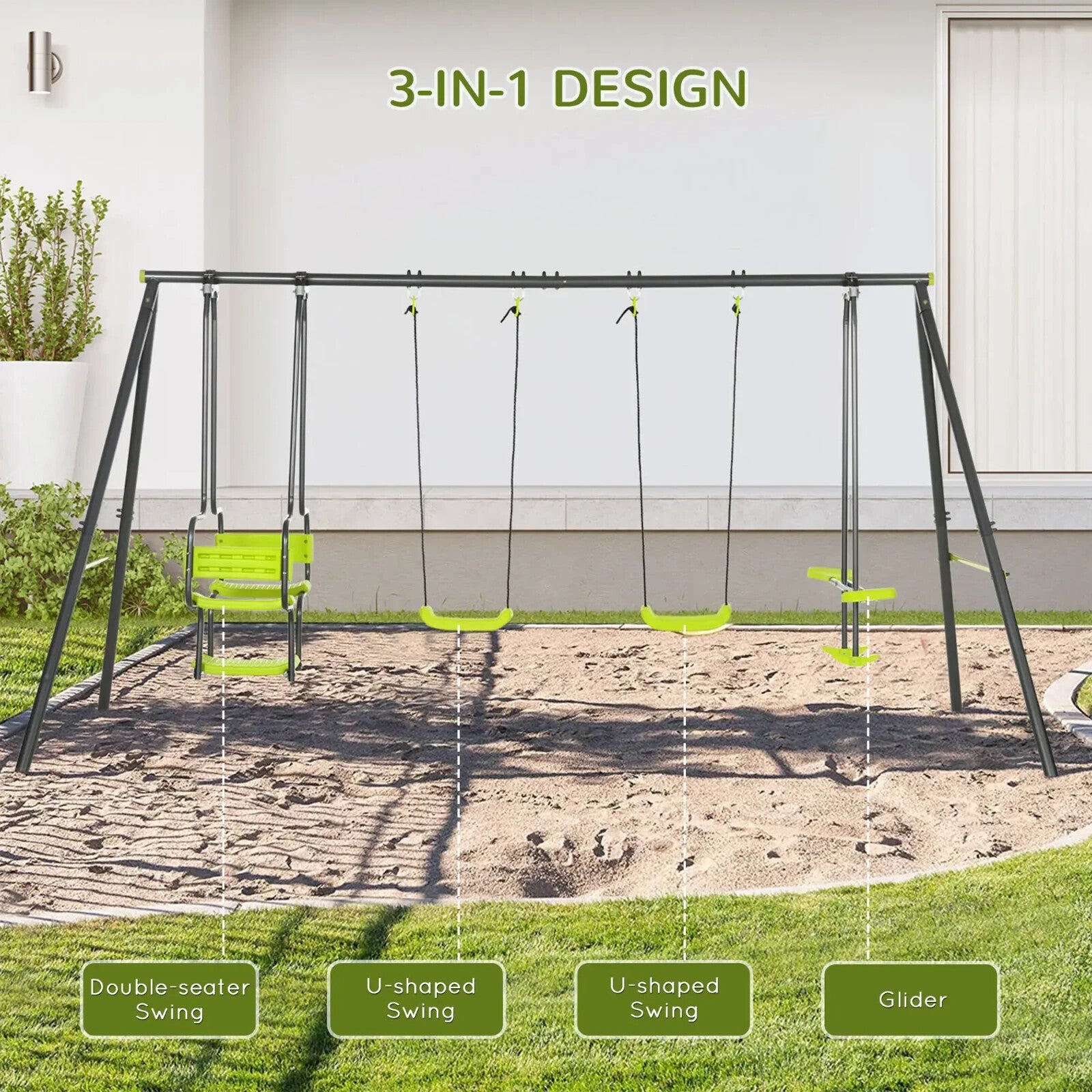 Metal Garden Swing Set with Double Swing and Glider Outdoor Kids Play Seat Frame - Home and Garden Furniture Shop - rustic - furniture